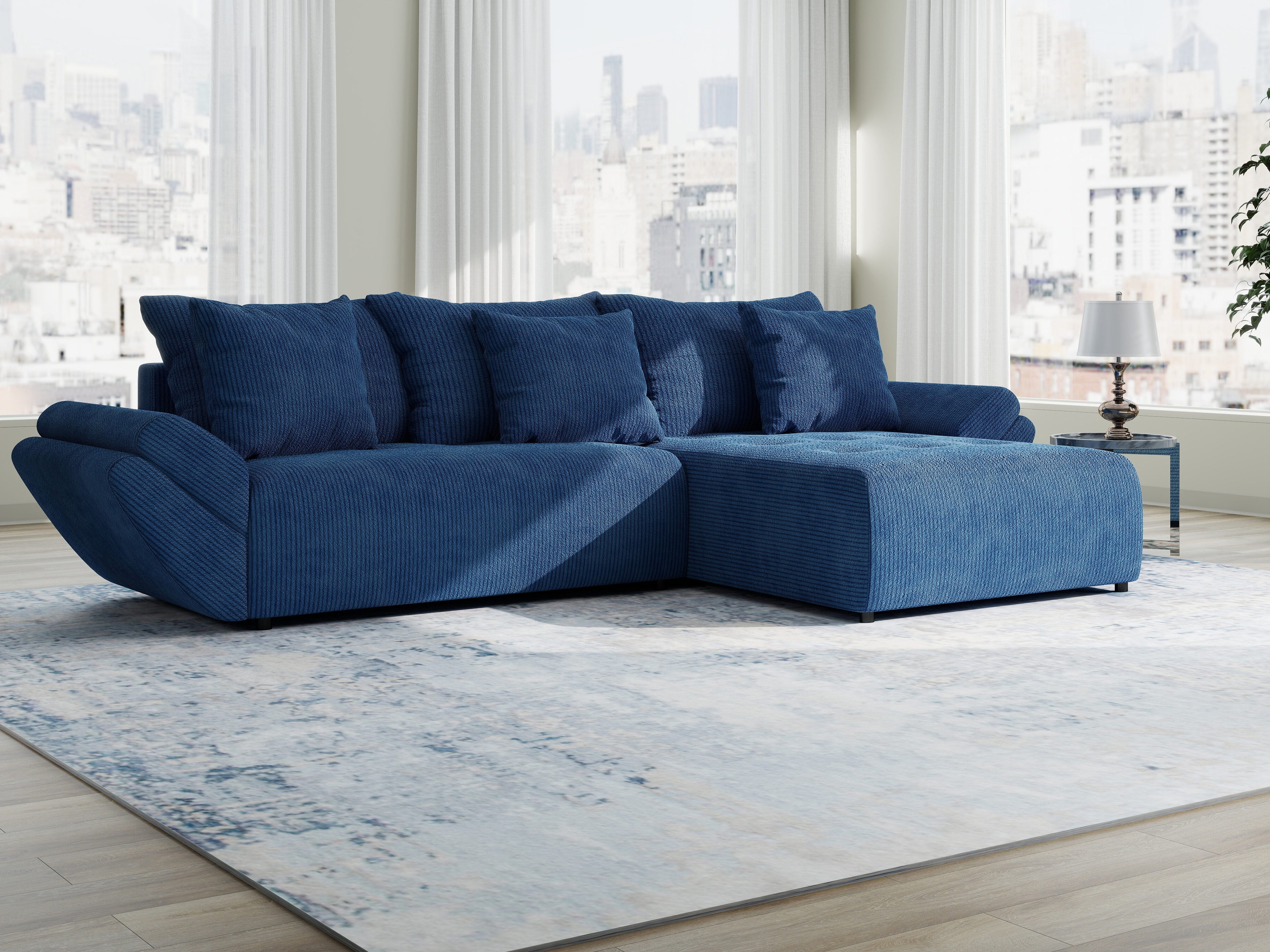 Colțar extensibil dumonde cu ladă de depozitare si sezut confortabil din spuma HR, Berlin Zoom Albastru 280x185 cm II