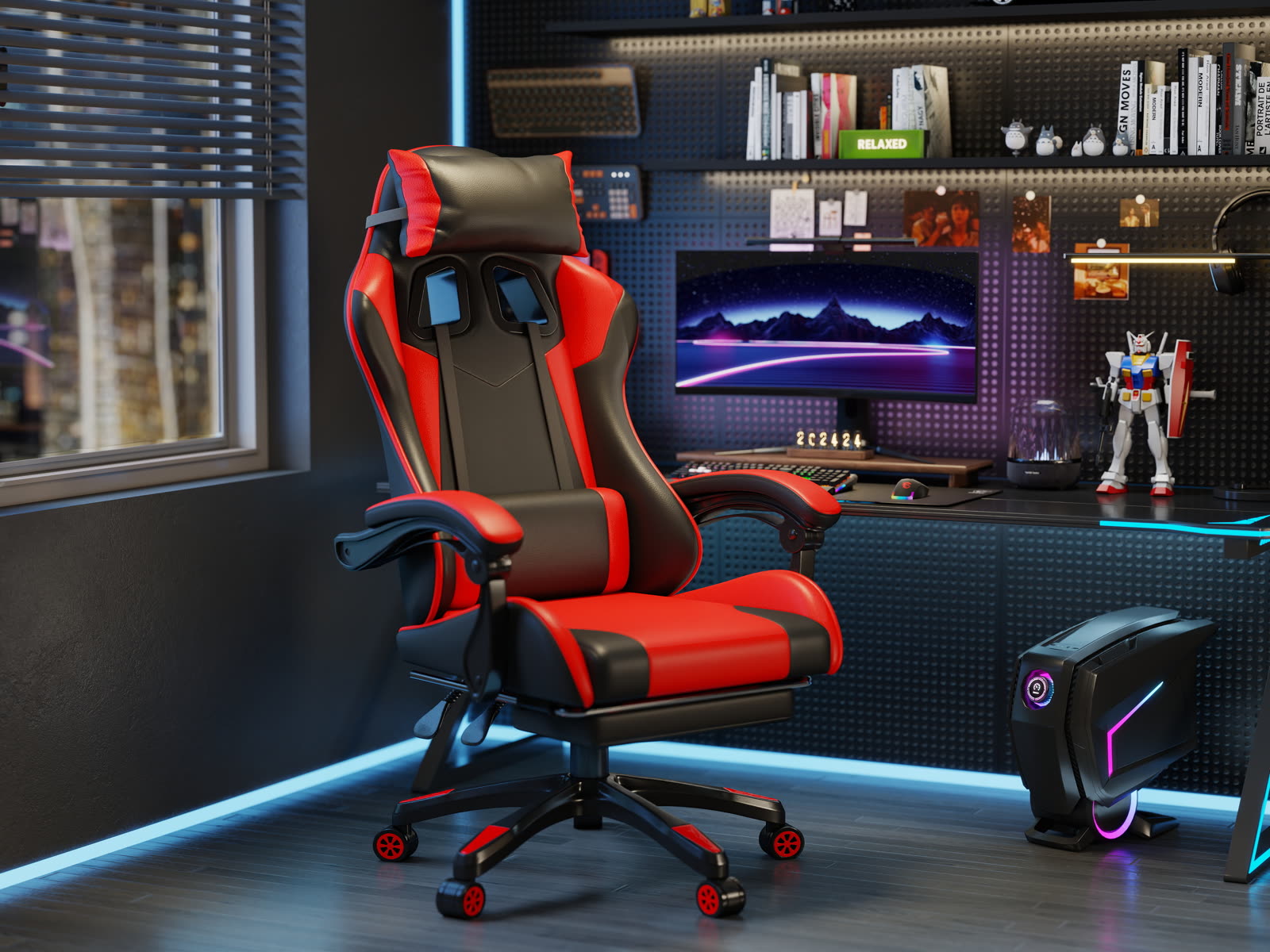 Scaun gaming Dumonde KRAKEN, mecanism multifuncțional, ecopiele, suport picioare, rosu/negru