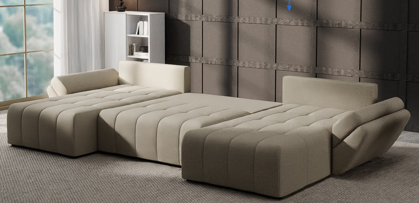 Colțar extensibil dumonde cu ladă de depozitare si sezut confortabil din spuma HR, Berlin U Enjoy Camel 380x180 cm Fabrica