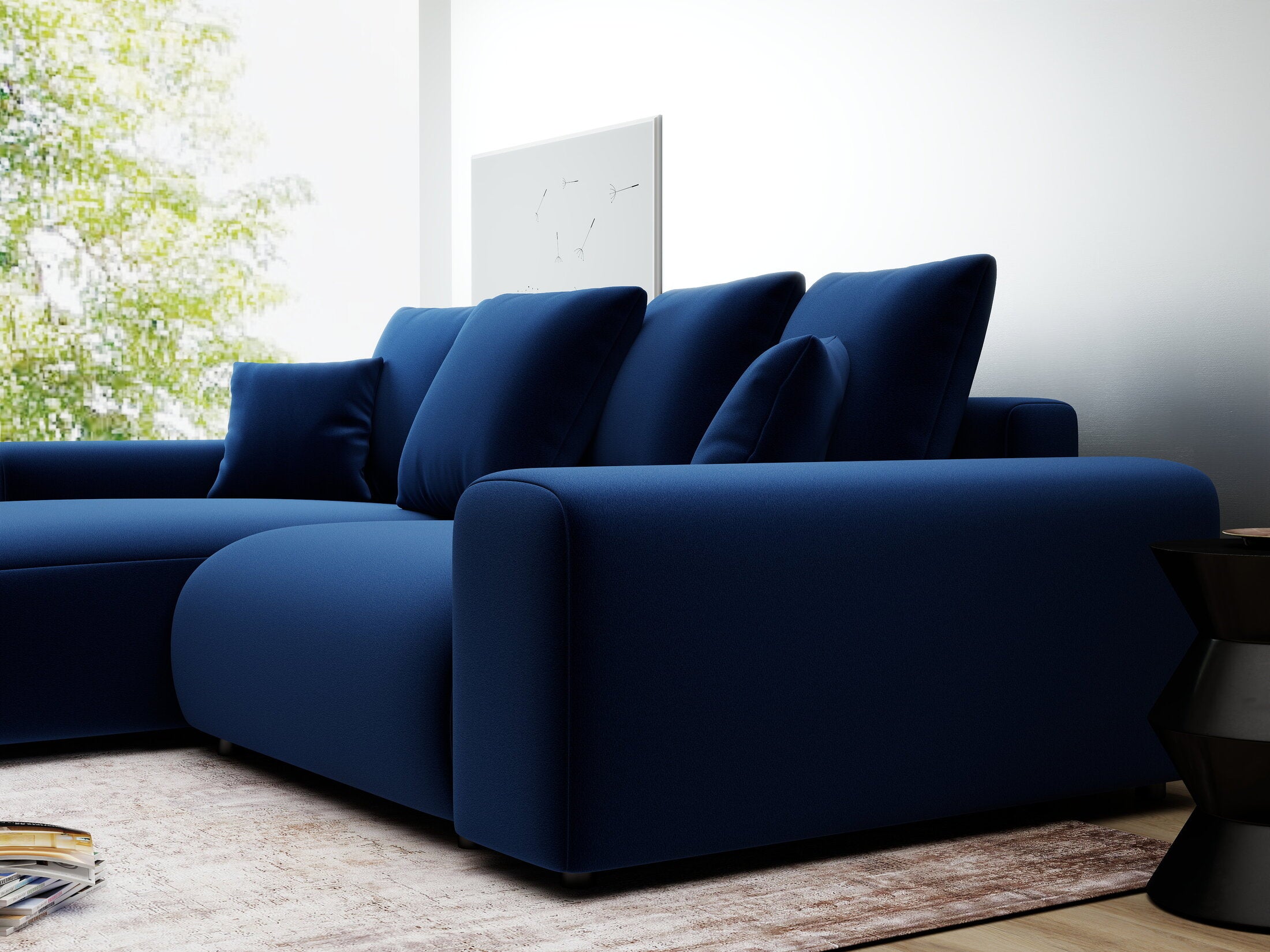 Colțar extensibil dumonde cu ladă de depozitare și șezut confortabil din spumă HR, Luma Royal Albastru Navy 255x168 cm