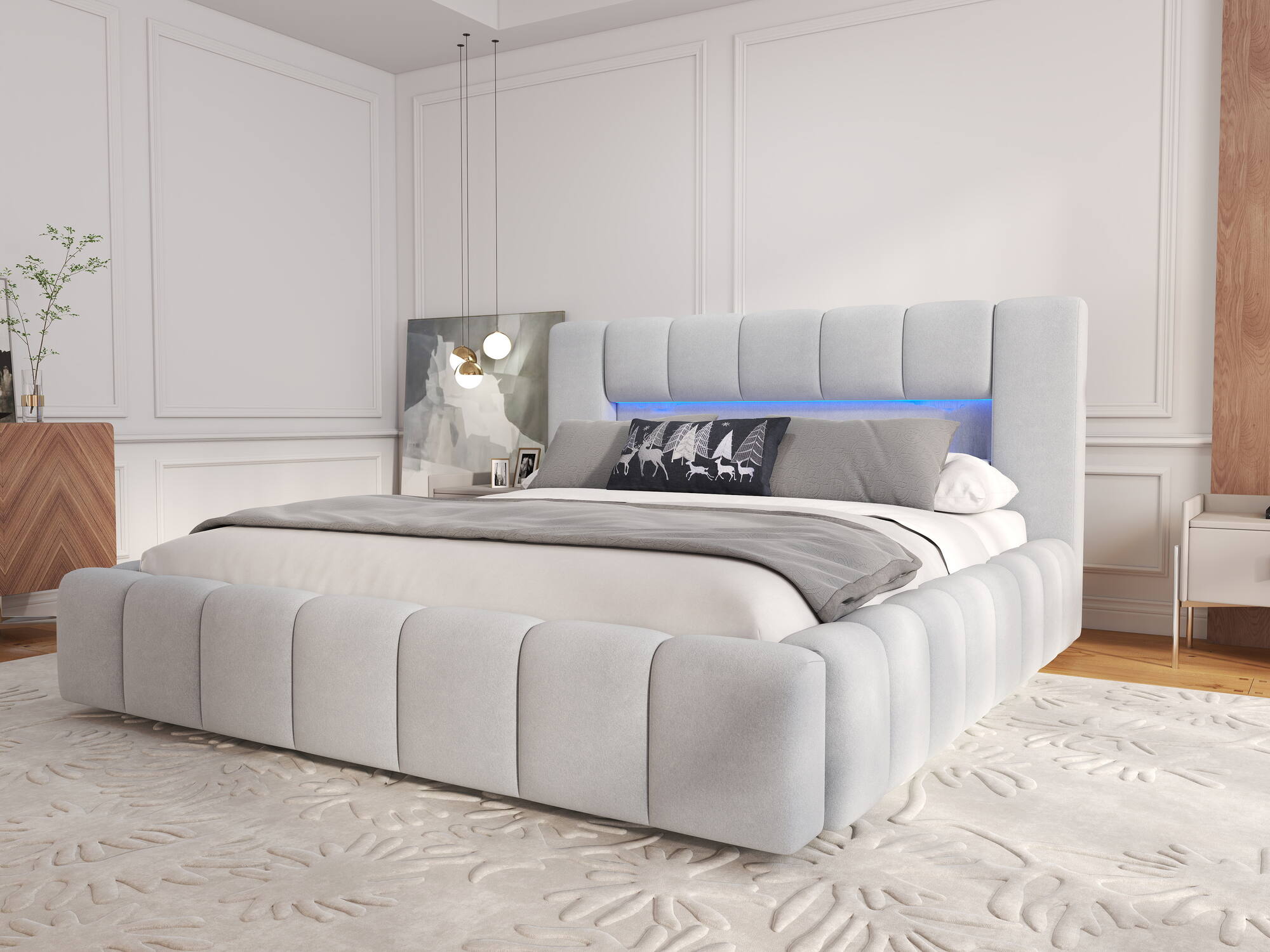 Pat dormitor dumonde, tapitat bej, Palermo 180X200 cm, somiera rabatabila inclusa, spatiu depozitare