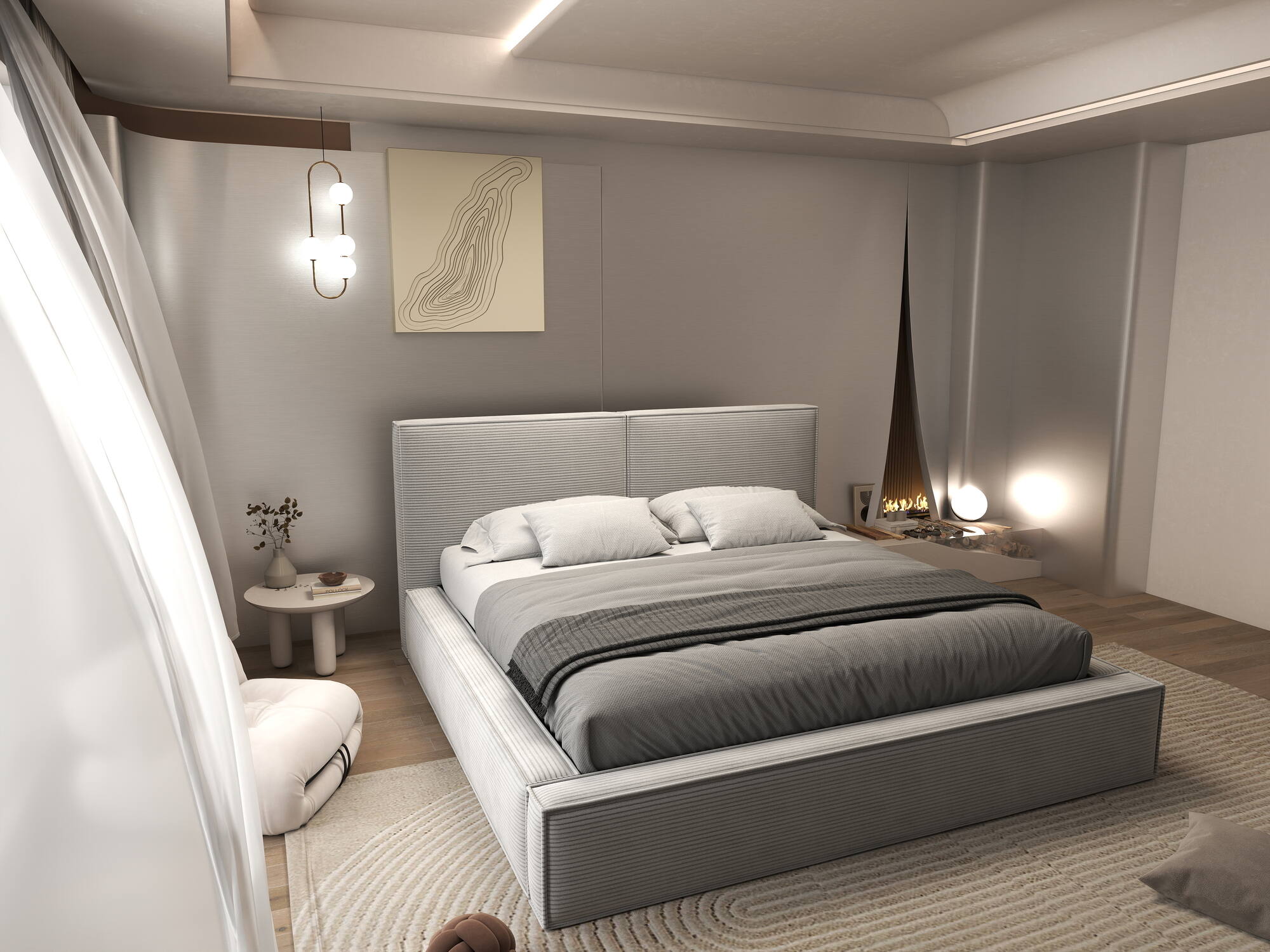 Pat dormitor dumonde, tapitat gri, Bogart 180x200 cm, somiera rabatabila inclusa, spatiu depozitare