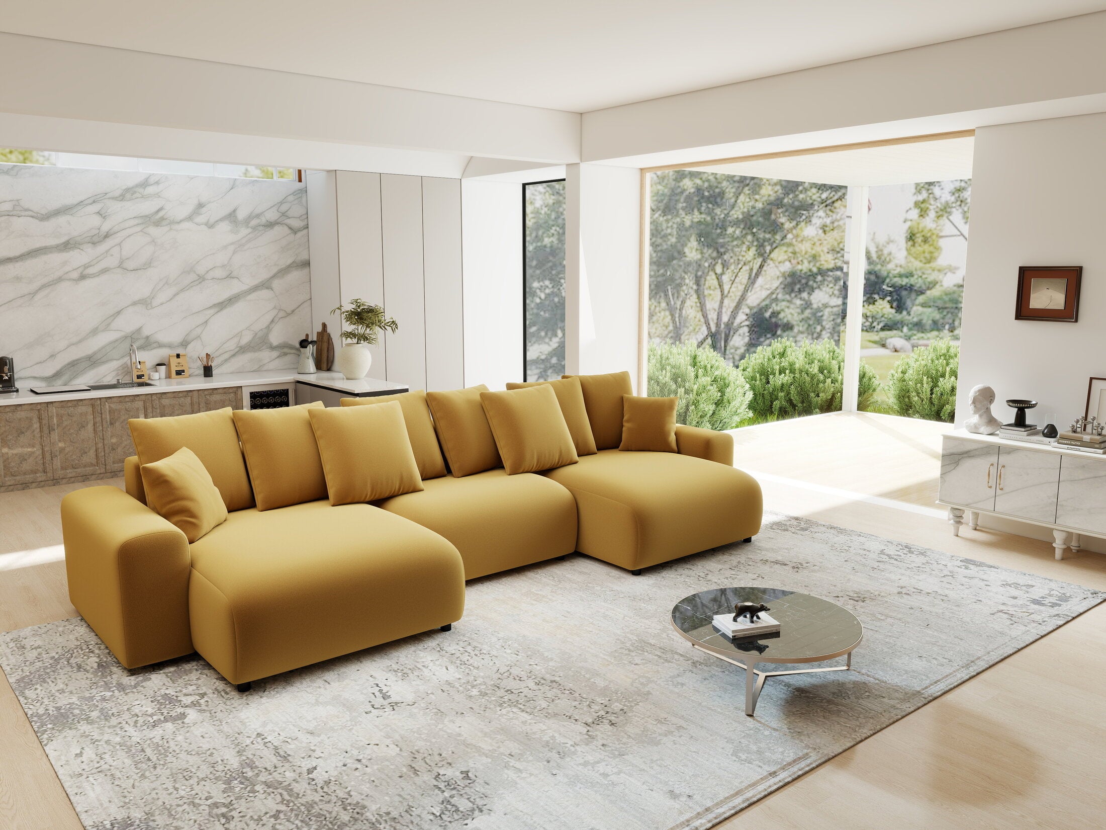 Colțar extensibil dumonde cu ladă de depozitare si sezut confortabil din spuma HR, Luma U Royal Mustar 336x140 cm