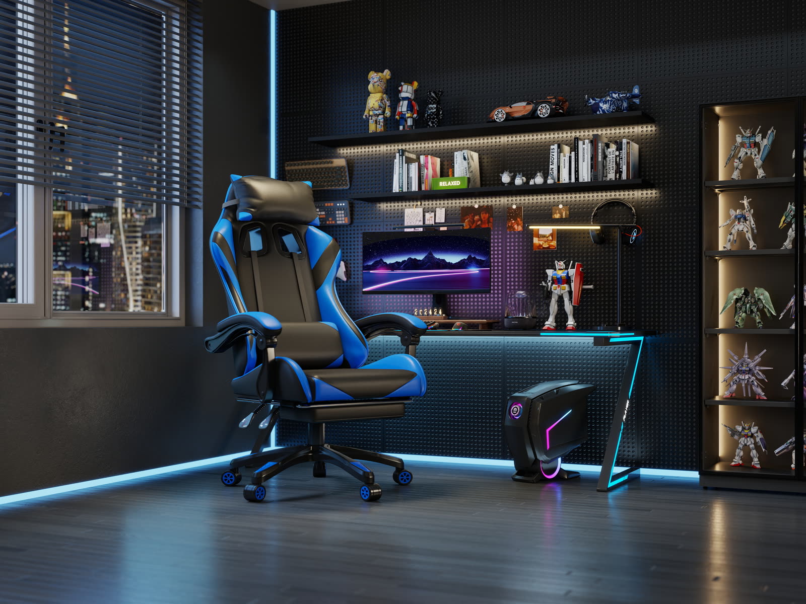 Scaun gaming Dumonde PREDATOR, mecanism multifuncțional, ecopiele, suport picioare, albastru/negru