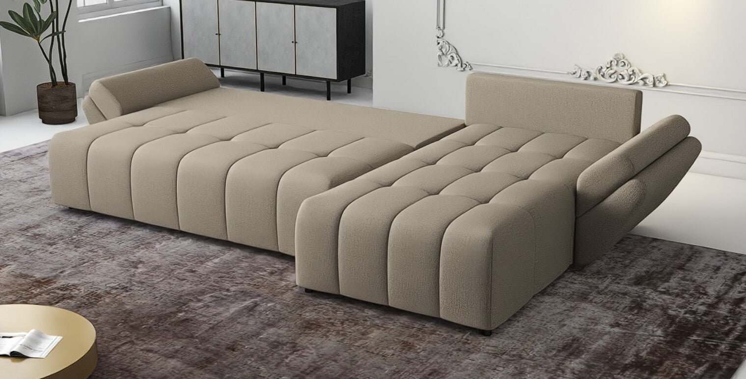 Colțar extensibil dumonde cu ladă de depozitare si sezut confortabil din spuma HR, Berlin XL Enjoy Camel 350x185 cm II Fabrica