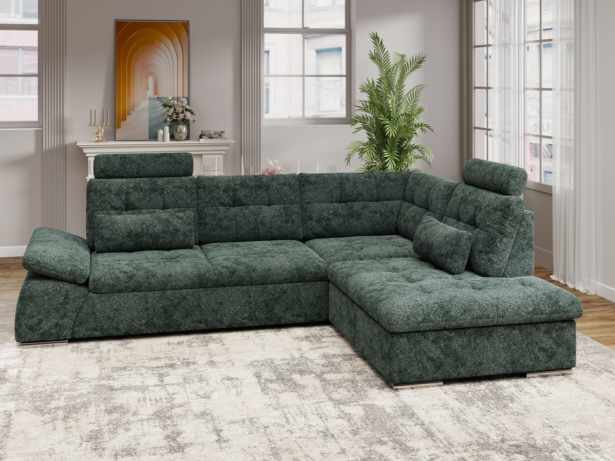 Colțar extensibil dumonde cu ladă de depozitare și șezut confortabil din spumă HR, Merkur XL Euphoria Verde 256x217 cm II