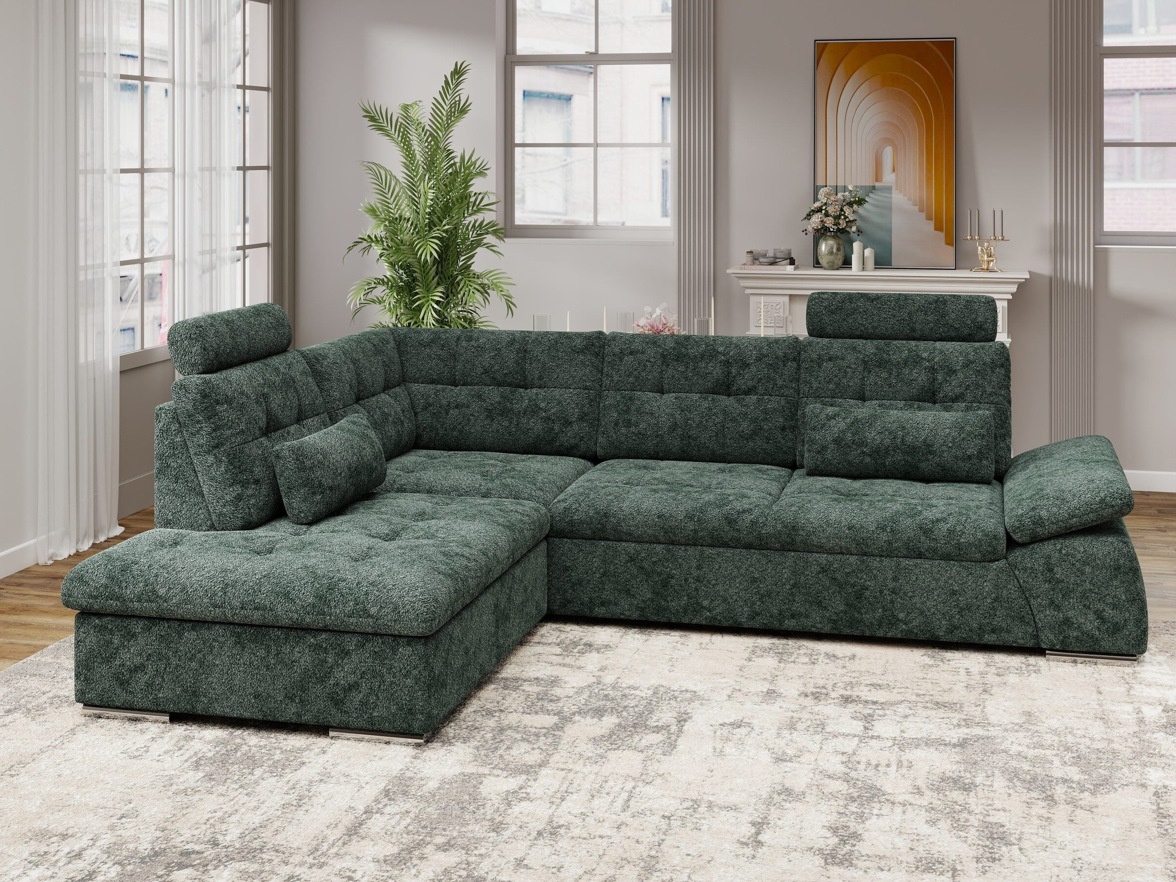 Colțar extensibil dumonde cu ladă de depozitare și șezut confortabil din spumă HR, Merkur XL Euphoria Verde 256x217 cm