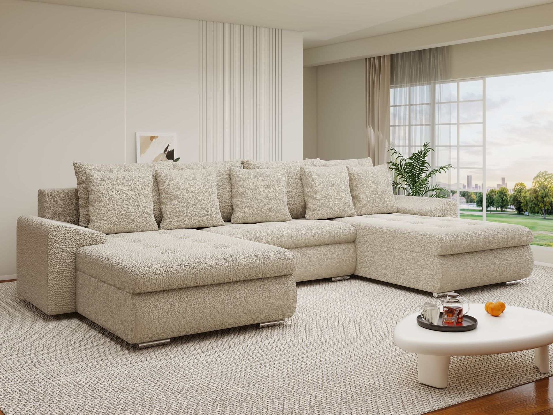 Colțar extensibil dumonde cu ladă de depozitare si sezut confortabil din spuma high-density, Leonardo U Jaguar Bej 04 360x185 cm
