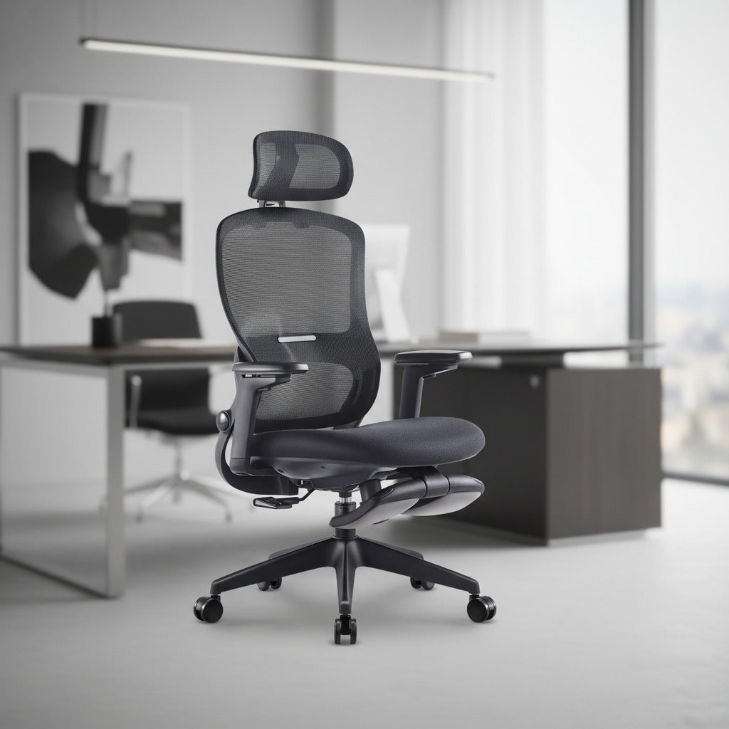 Scaun ergonomic profesional Aero dumonde cu tetiera reglabila 3D, suport lombar mesh, cotiere 3D ultra moi, mecanism multifunctional inclinare/blocare, suport picoare, negru