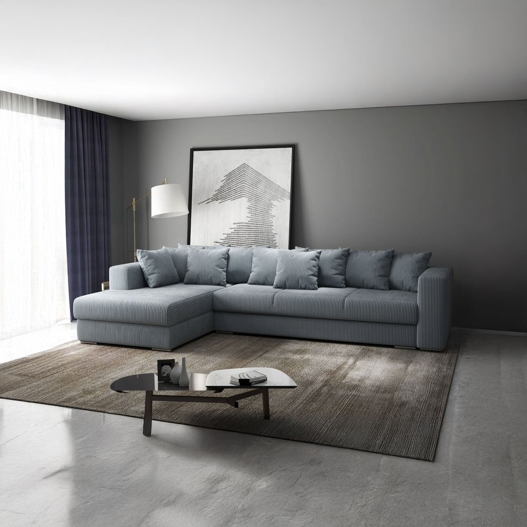Colțar extensibil dumonde cu ladă de depozitare si sezut confortabil din spuma HR, Gloria Grey Zoom 320x183 cm Fabrica