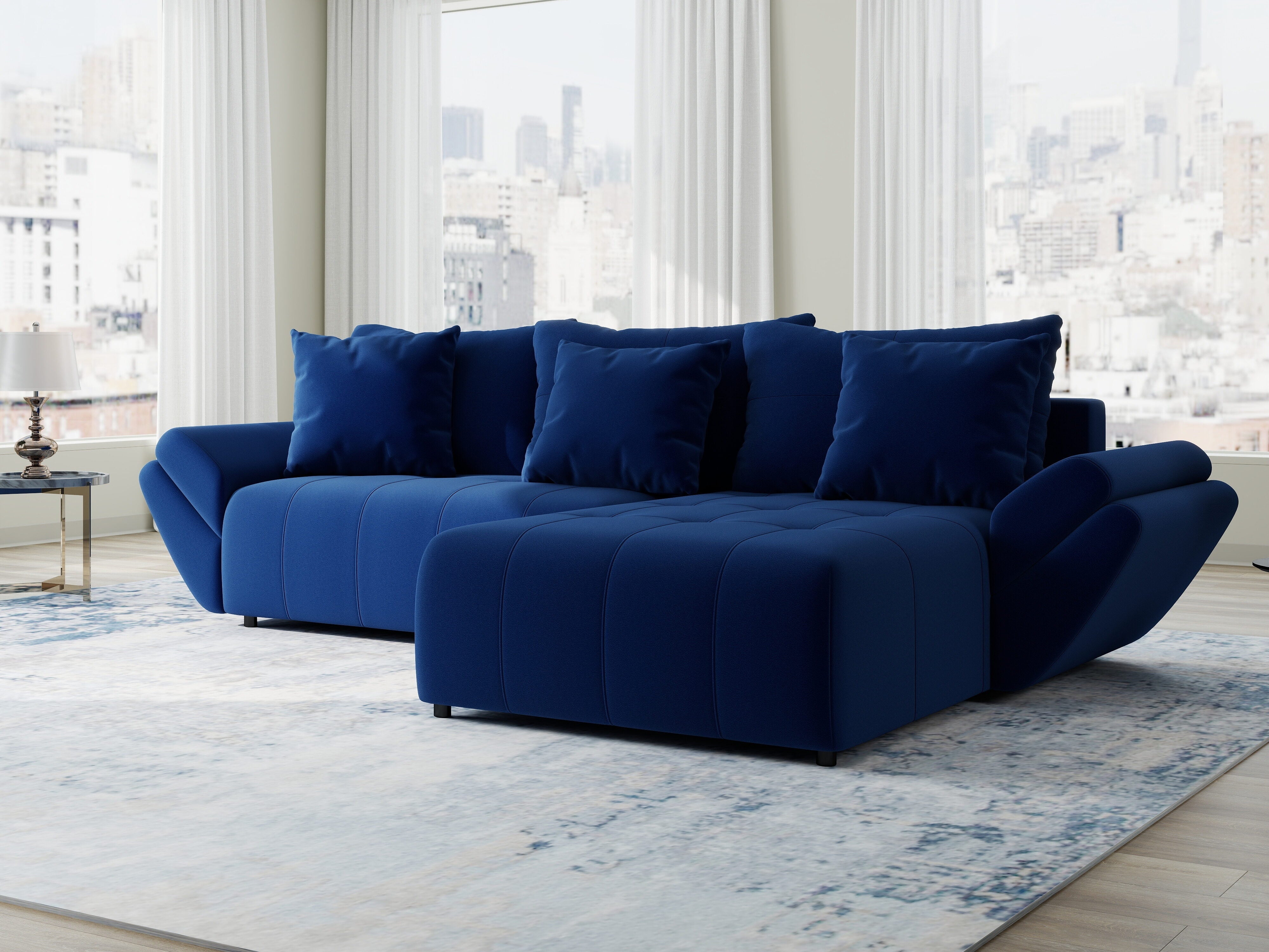 Colțar extensibil dumonde cu ladă de depozitare si sezut confortabil din spuma HR, Berlin Royal Albastru Navy 280x185 cm II