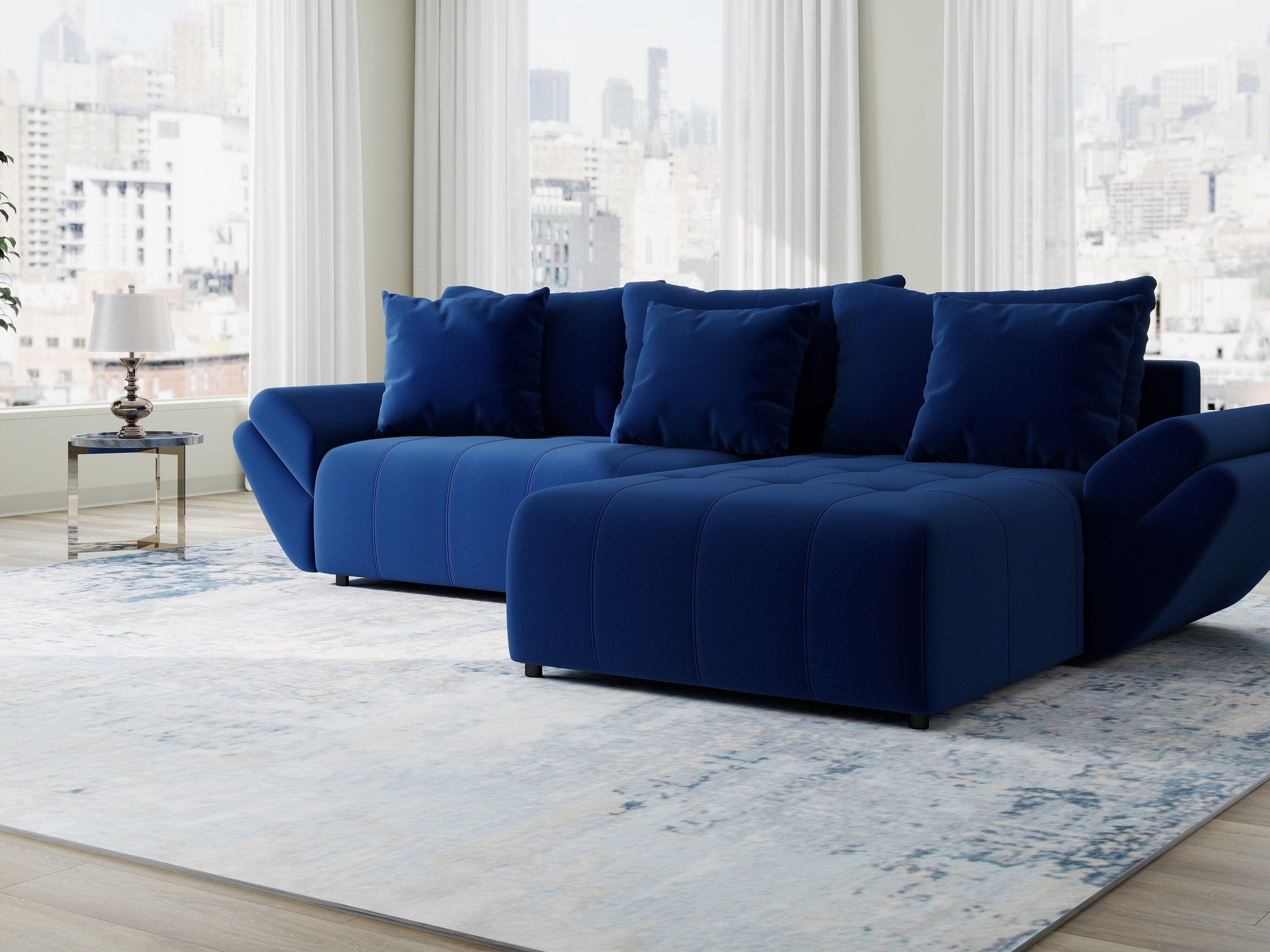 Colțar extensibil dumonde cu ladă de depozitare si sezut confortabil din spuma HR, Berlin Royal Albastru Navy 280x185 cm II