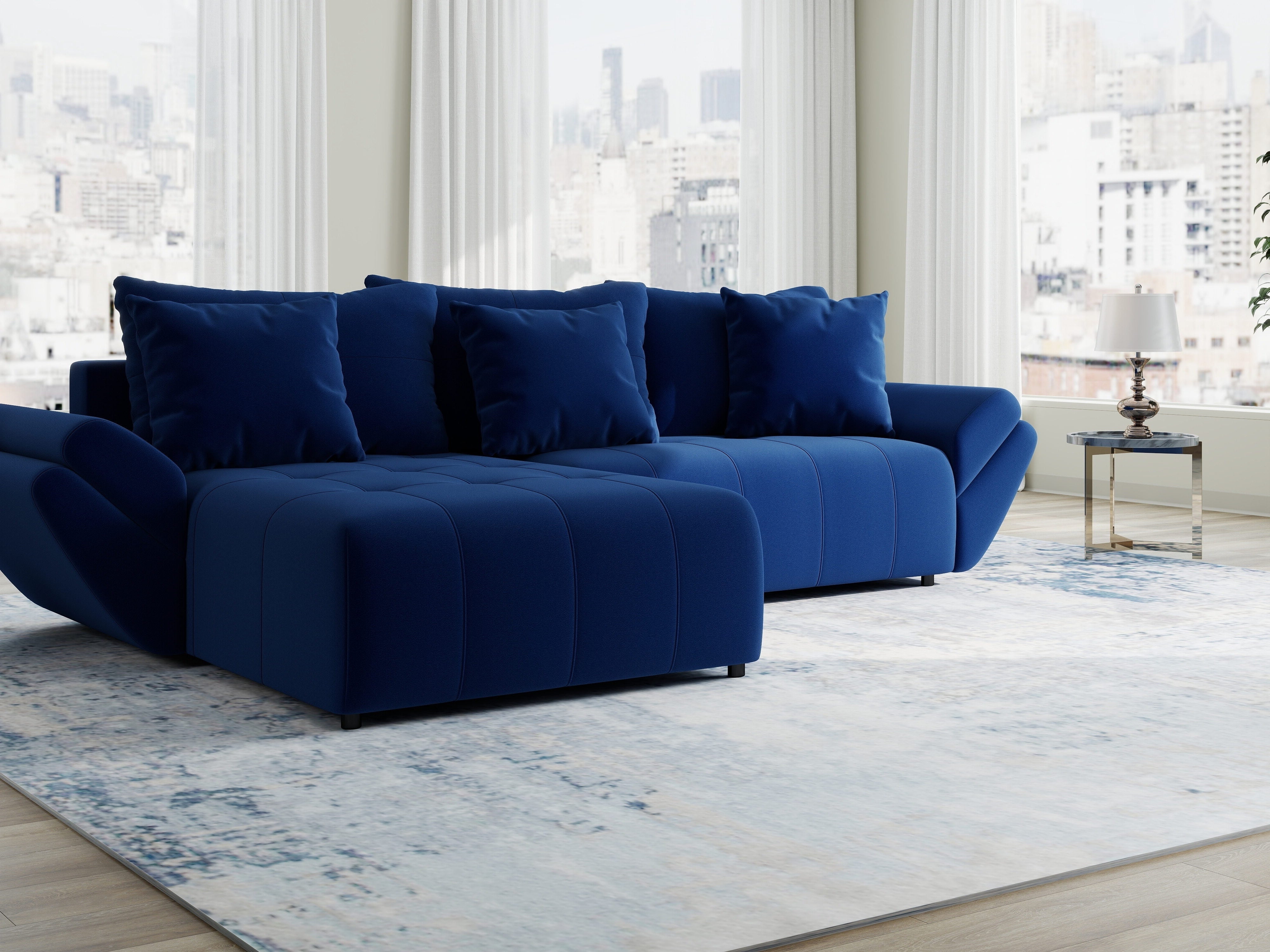 Colțar extensibil dumonde cu ladă de depozitare si sezut confortabil din spuma HR, Berlin Royal Albastru Navy 280x185 cm