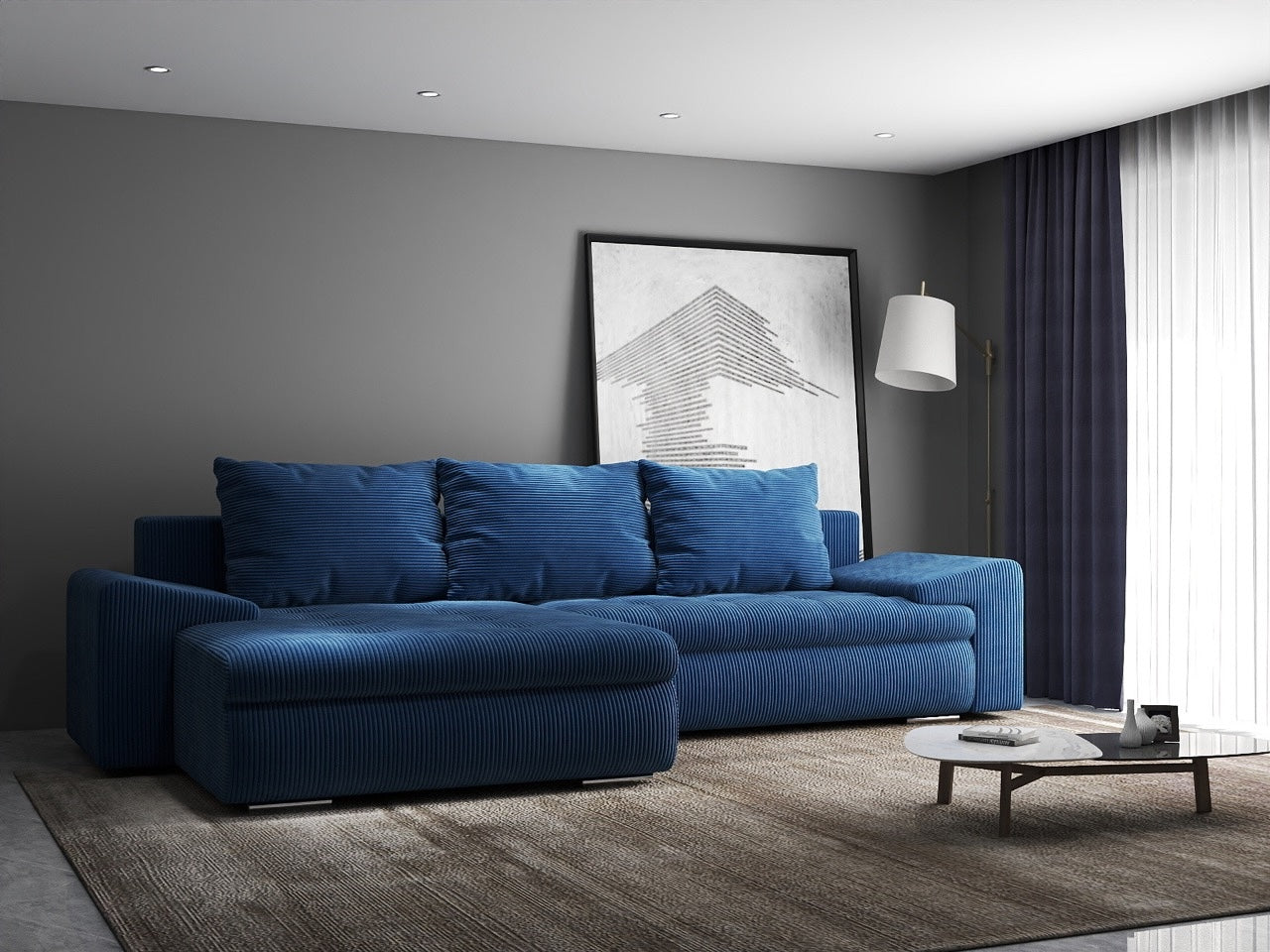 Colțar extensibil dumonde cu ladă de depozitare si sezut confortabil din spuma HR, Leonardo Zoom Albastru 260x185 cm Fabrica