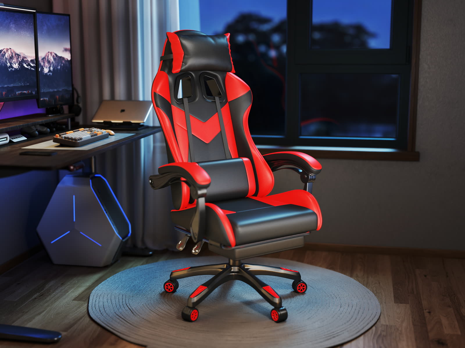 Scaun gaming Dumonde EXODUS, mecanism multifuncțional, ecopiele, suport picioare, rosu/negru