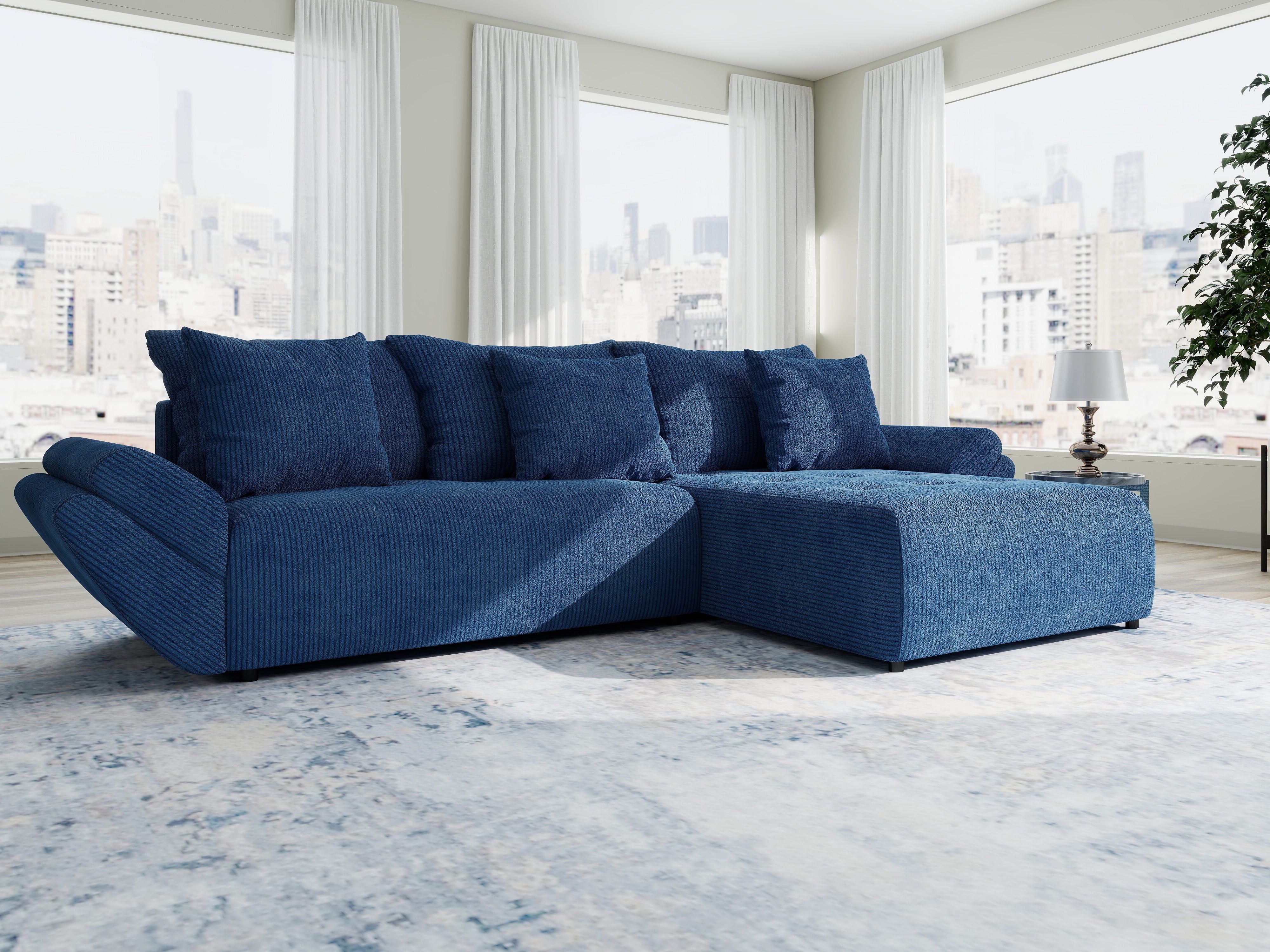 Colțar extensibil dumonde cu ladă de depozitare si sezut confortabil din spuma HR, Berlin Zoom Albastru 280x185 cm II