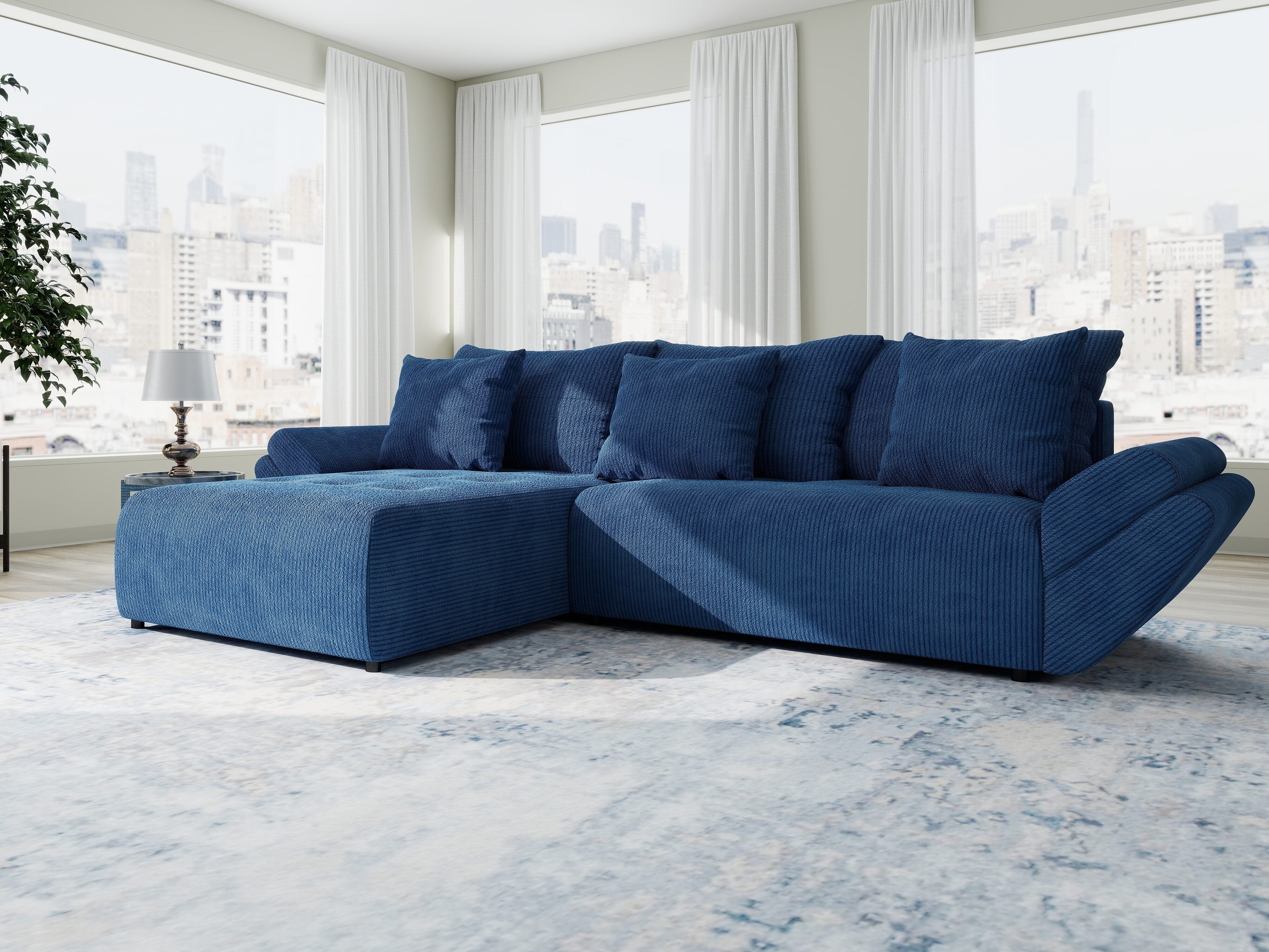 Colțar extensibil dumonde cu ladă de depozitare si sezut confortabil din spuma HR, Berlin Zoom Albastru 280x185 cm