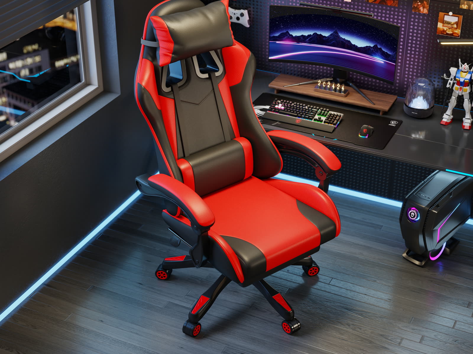 Scaun gaming Dumonde KRAKEN, mecanism multifuncțional, ecopiele, suport picioare, rosu/negru