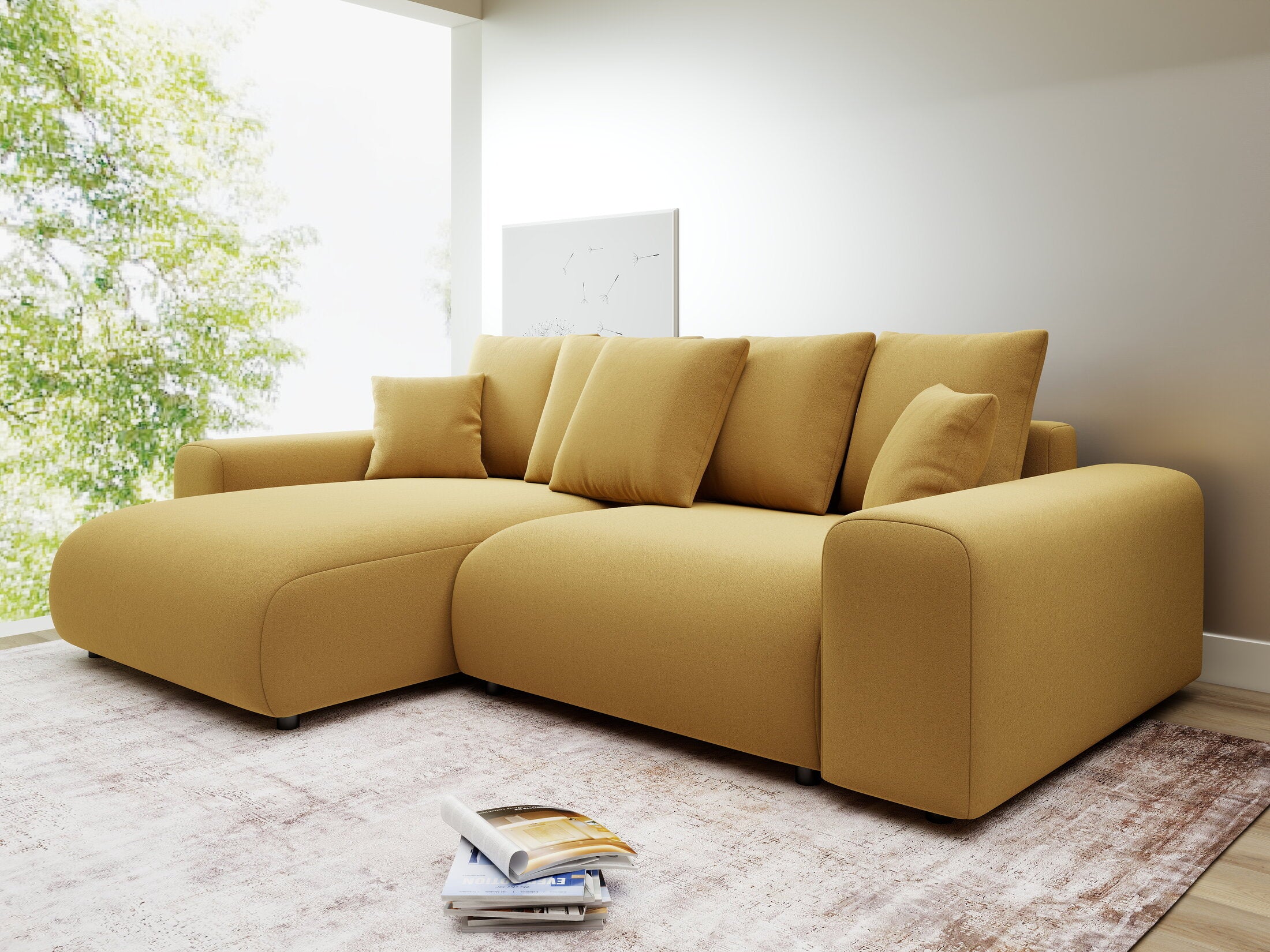 Colțar extensibil dumonde cu ladă de depozitare și șezut confortabil din spumă HR, Luma Royal Mustar 255x168 cm