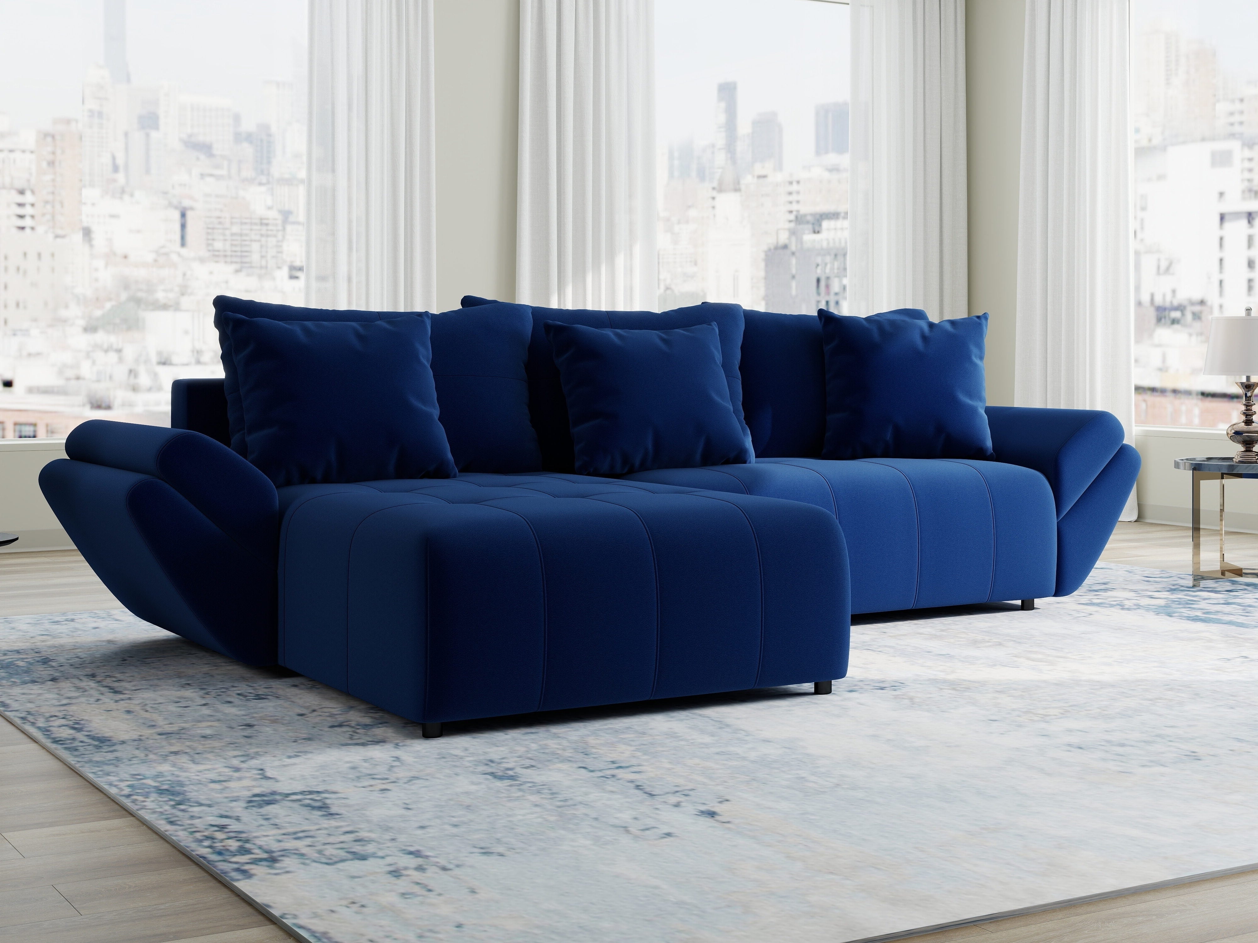 Colțar extensibil dumonde cu ladă de depozitare si sezut confortabil din spuma HR, Berlin Royal Albastru Navy 280x185 cm