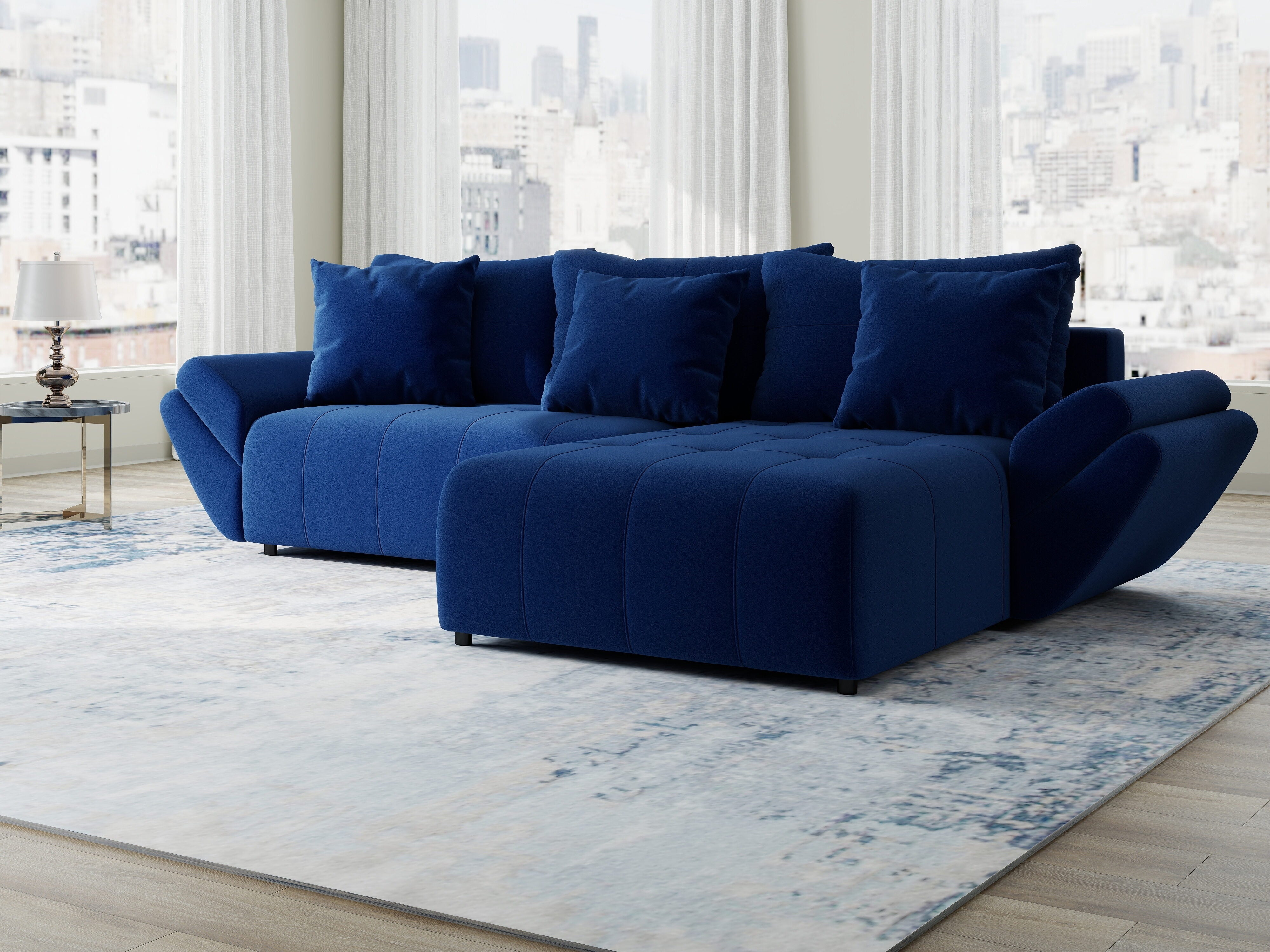 Colțar extensibil dumonde cu ladă de depozitare si sezut confortabil din spuma HR, Berlin Royal Albastru Navy 280x185 cm II