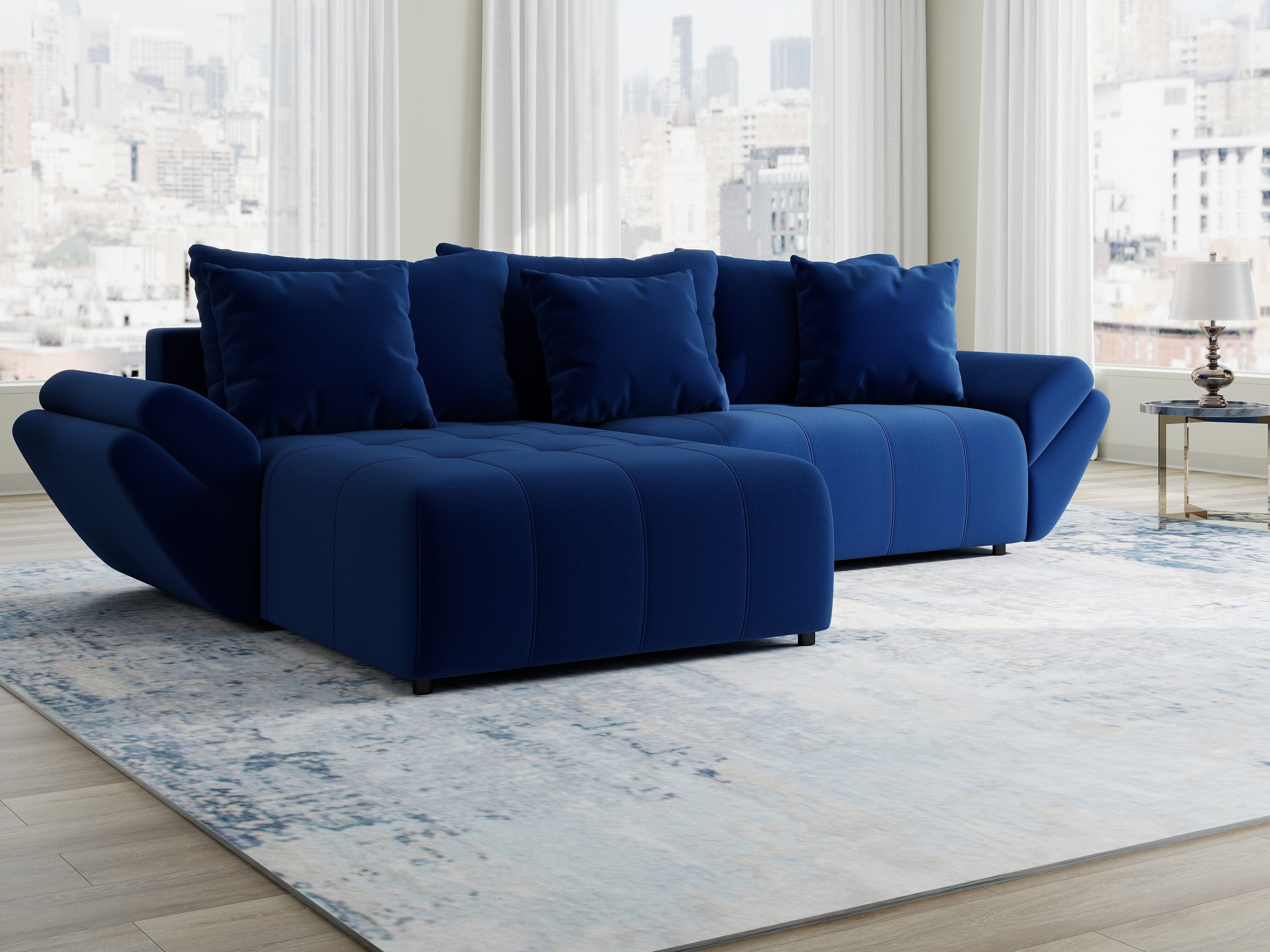 Colțar extensibil dumonde cu ladă de depozitare si sezut confortabil din spuma HR, Berlin Royal Albastru Navy 280x185 cm