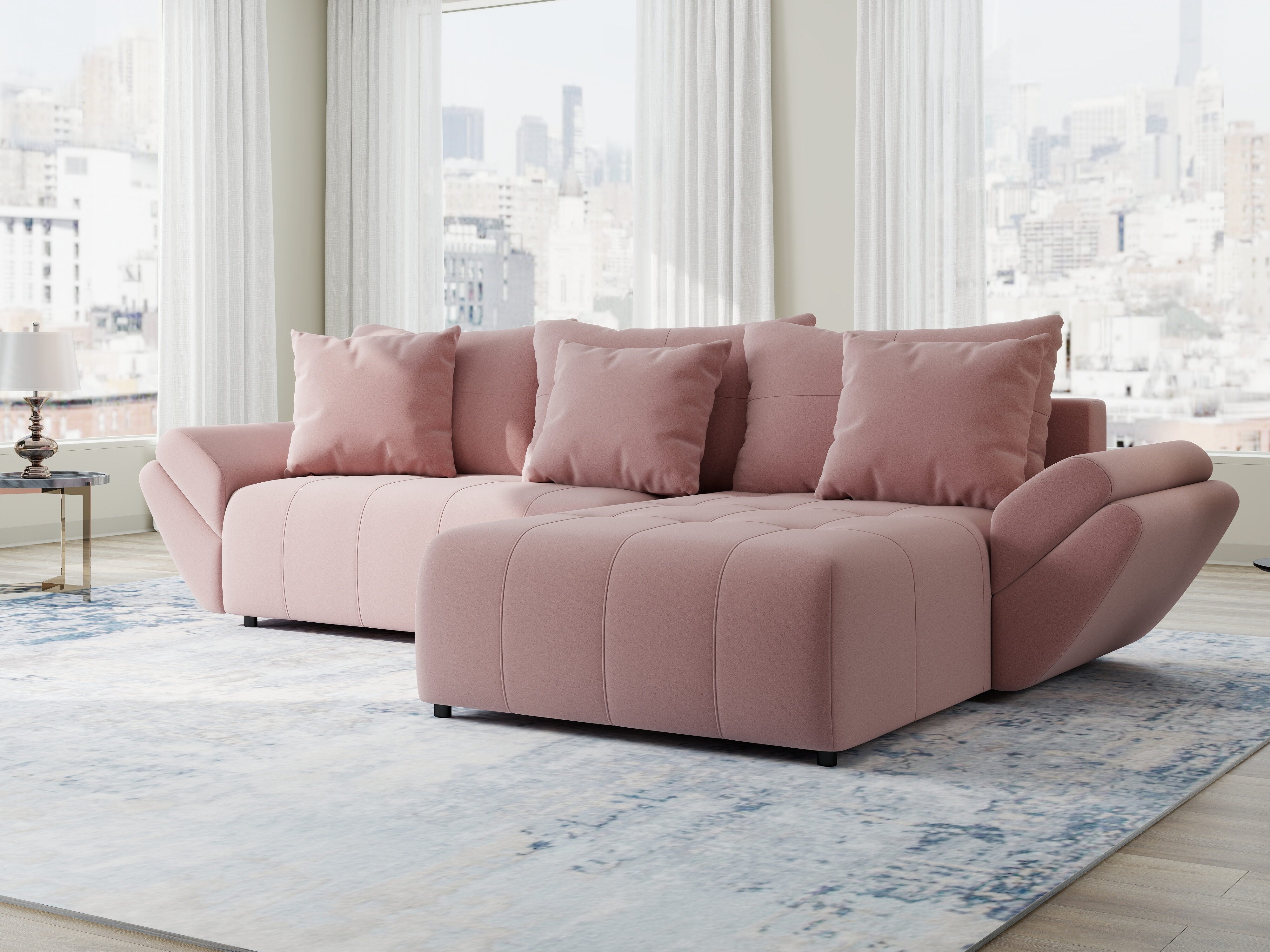 Colțar extensibil dumonde cu ladă de depozitare si sezut confortabil din spuma HR, Berlin Royal Roz 280x185 cm II