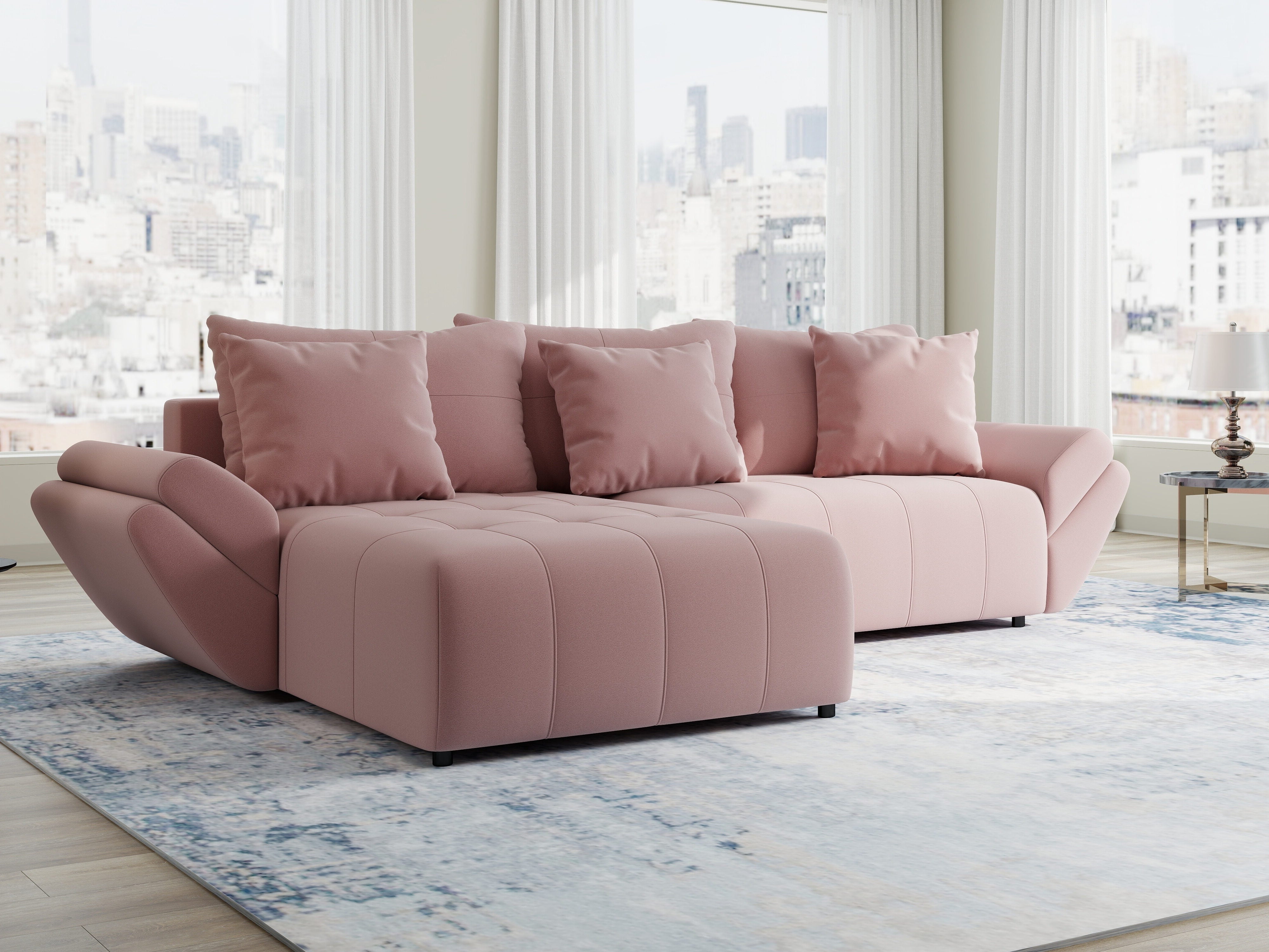 Colțar extensibil dumonde cu ladă de depozitare si sezut confortabil din spuma HR, Berlin Royal Roz 280x185 cm