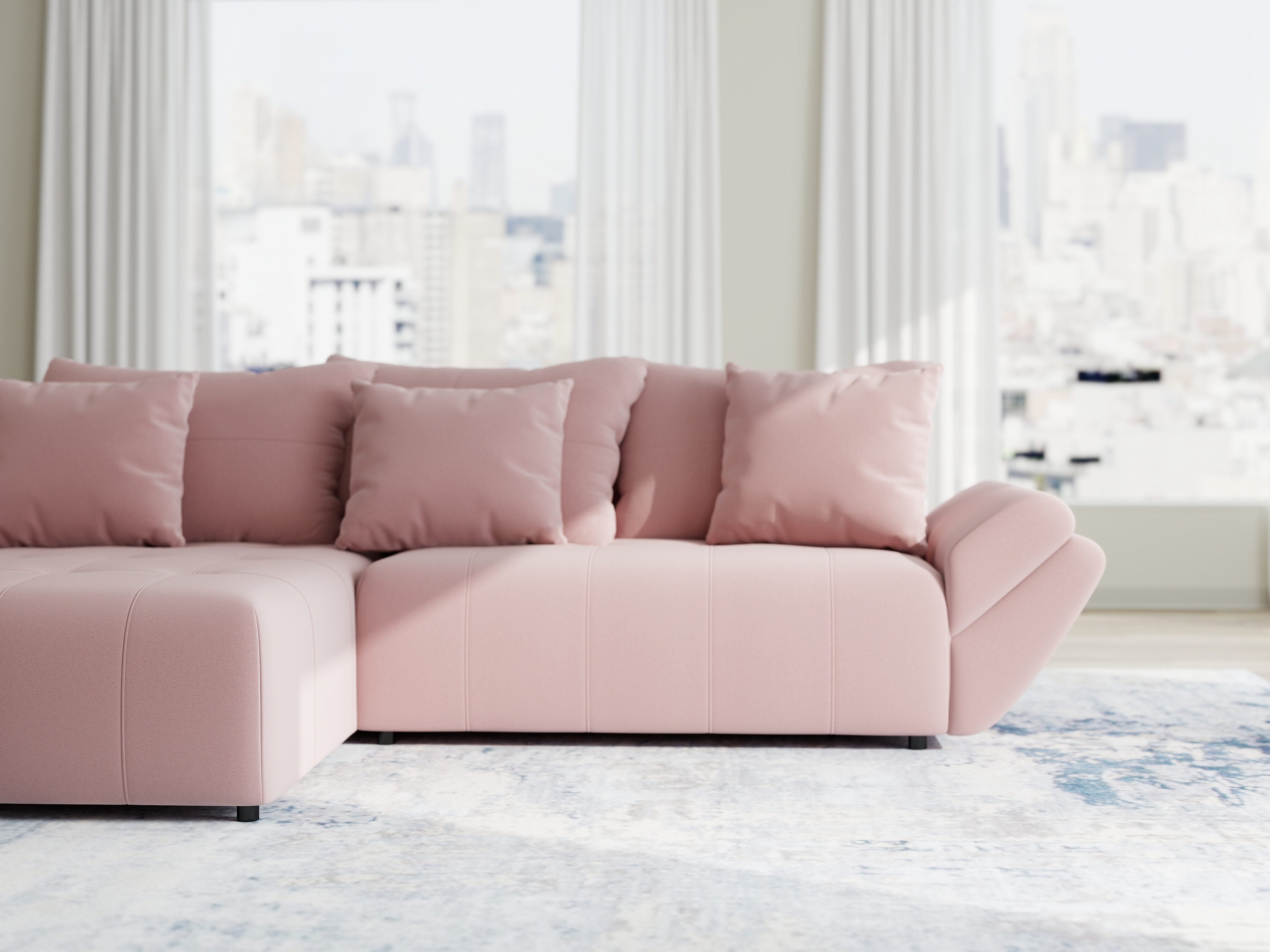 Colțar extensibil dumonde cu ladă de depozitare si sezut confortabil din spuma HR, Berlin Royal Roz 280x185 cm