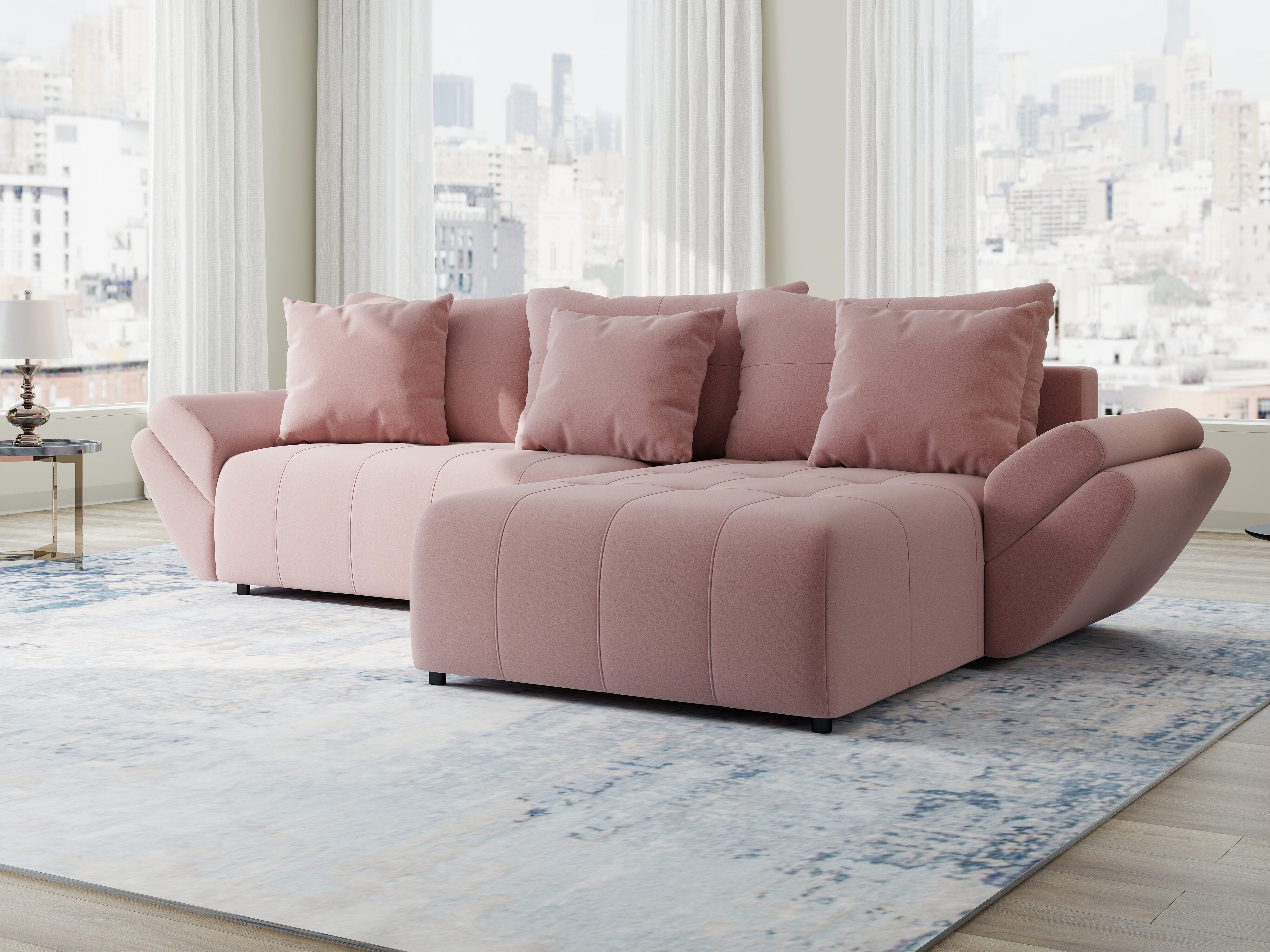 Colțar extensibil dumonde cu ladă de depozitare si sezut confortabil din spuma HR, Berlin Royal Roz 280x185 cm II