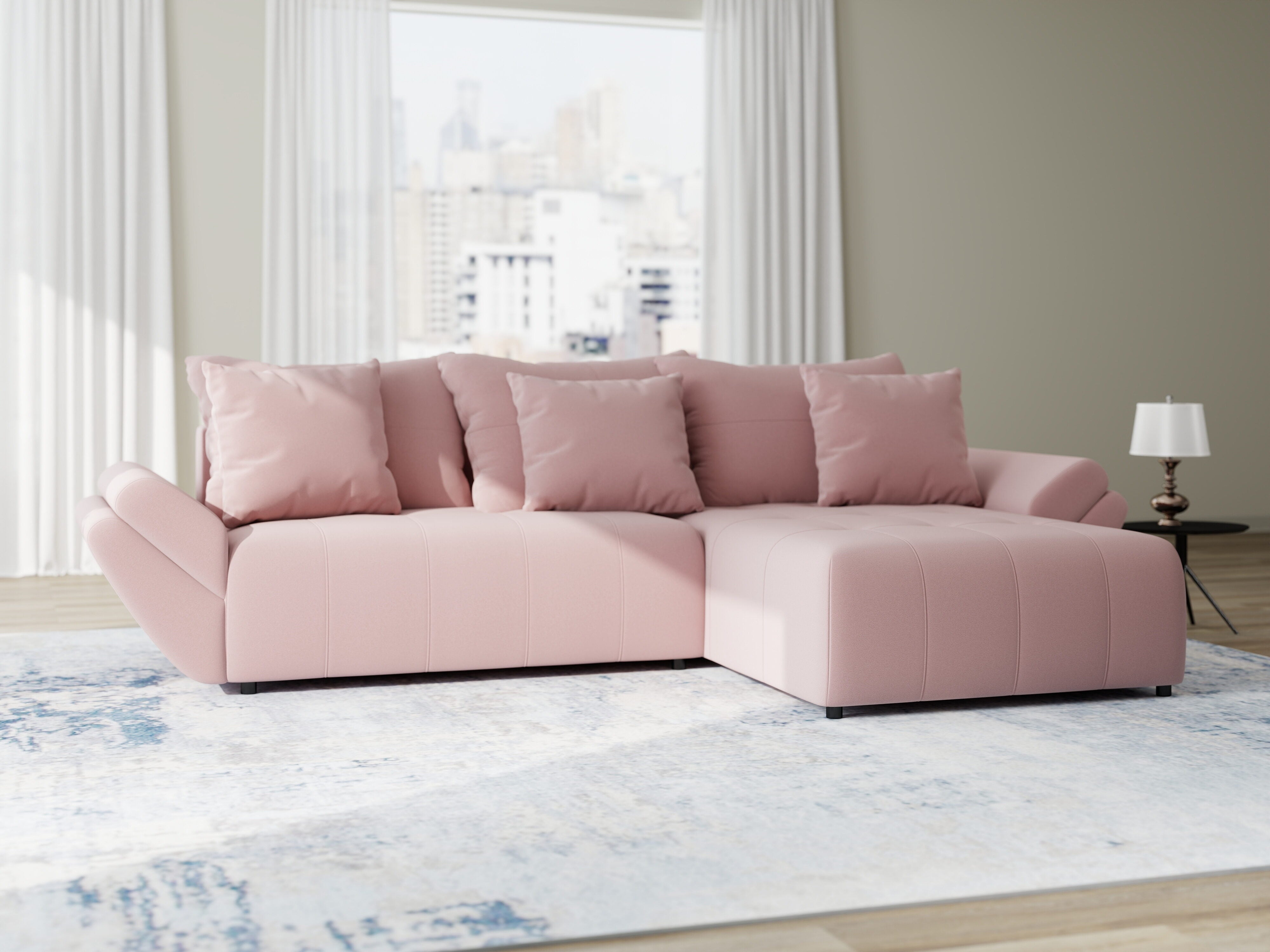 Colțar extensibil dumonde cu ladă de depozitare si sezut confortabil din spuma HR, Berlin Royal Roz 280x185 cm II