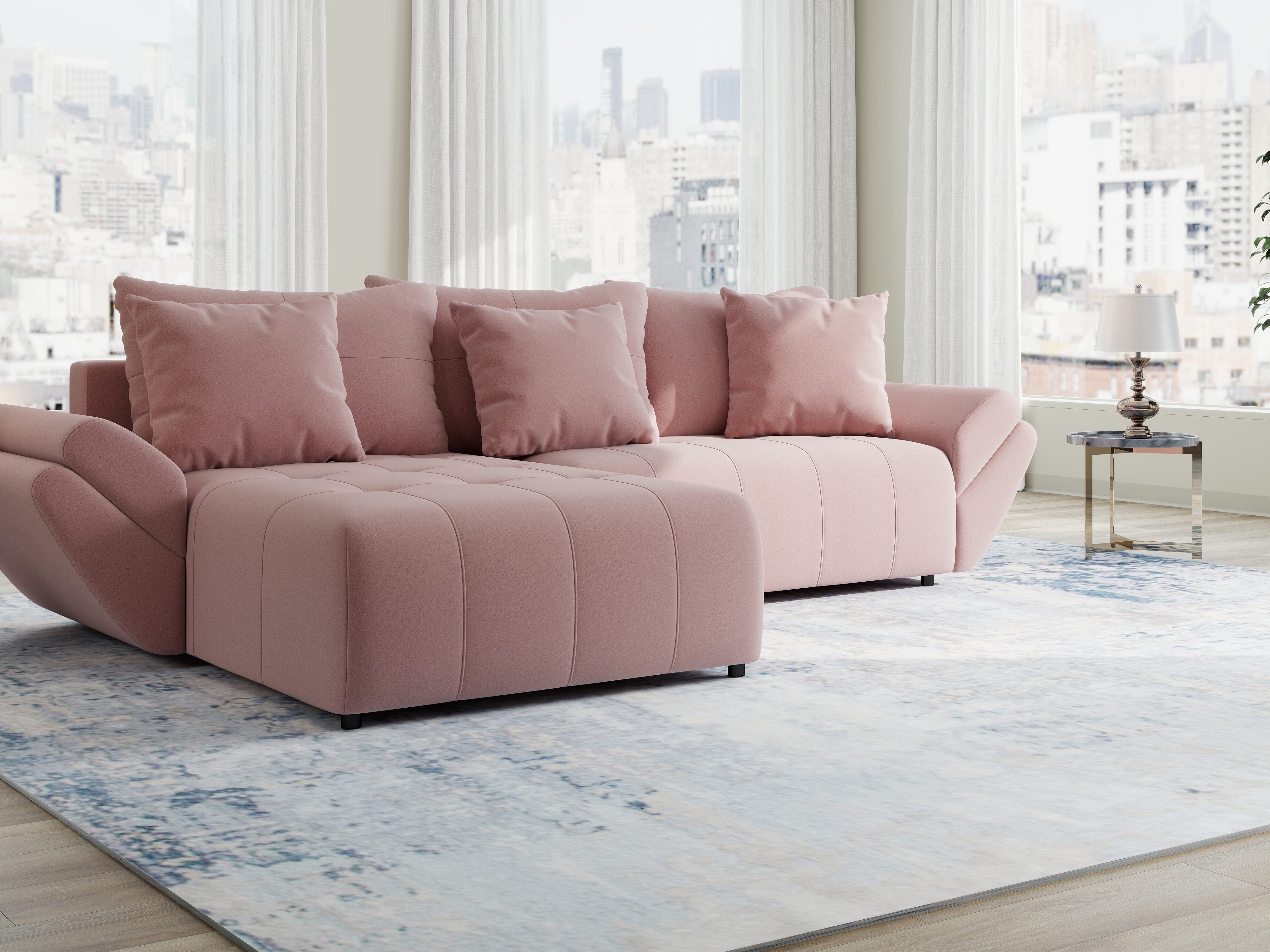 Colțar extensibil dumonde cu ladă de depozitare si sezut confortabil din spuma HR, Berlin Royal Roz 280x185 cm