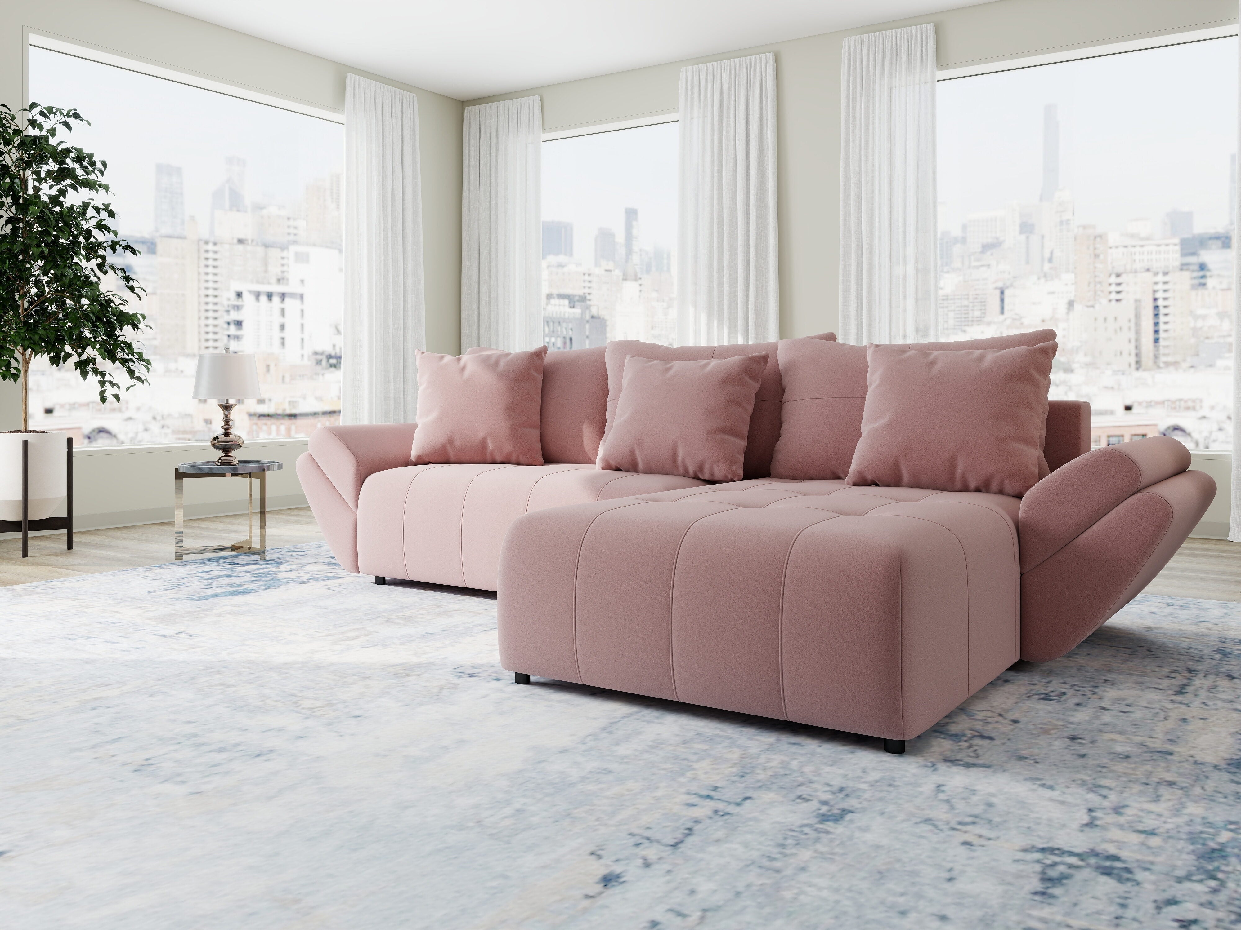 Colțar extensibil dumonde cu ladă de depozitare si sezut confortabil din spuma HR, Berlin Royal Roz 280x185 cm II