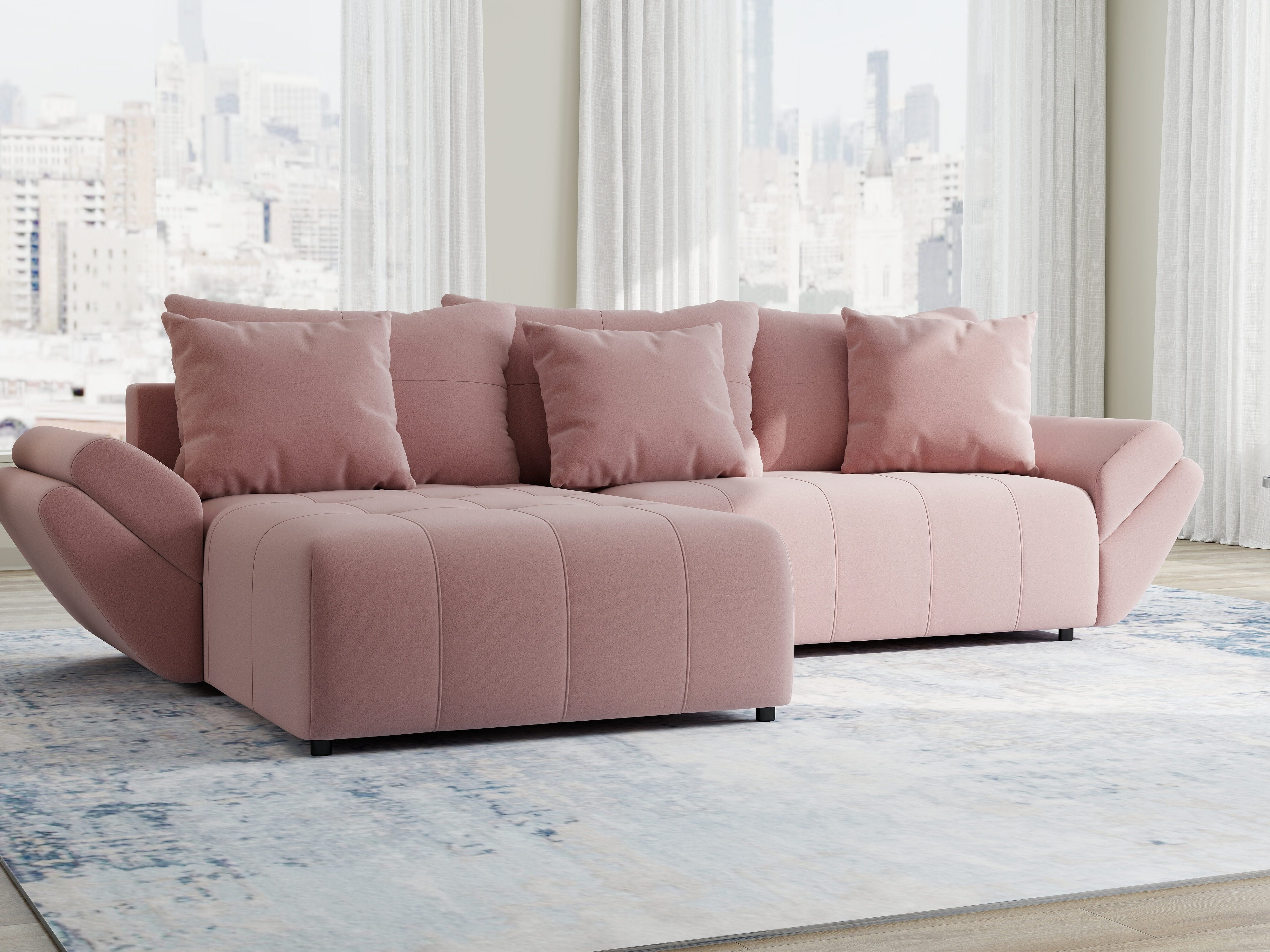 Colțar extensibil dumonde cu ladă de depozitare si sezut confortabil din spuma HR, Berlin Royal Roz 280x185 cm