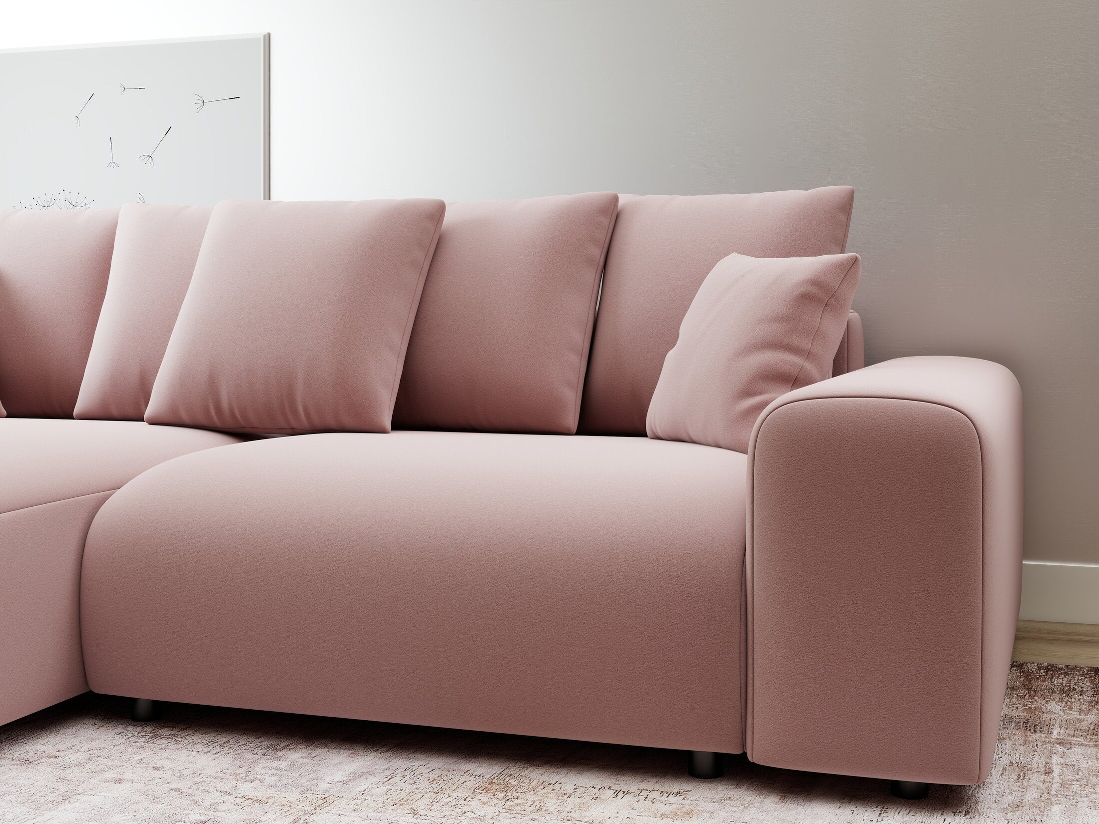 Colțar extensibil dumonde cu ladă de depozitare și șezut confortabil din spumă HR, Luma Royal Roz 255x168 cm