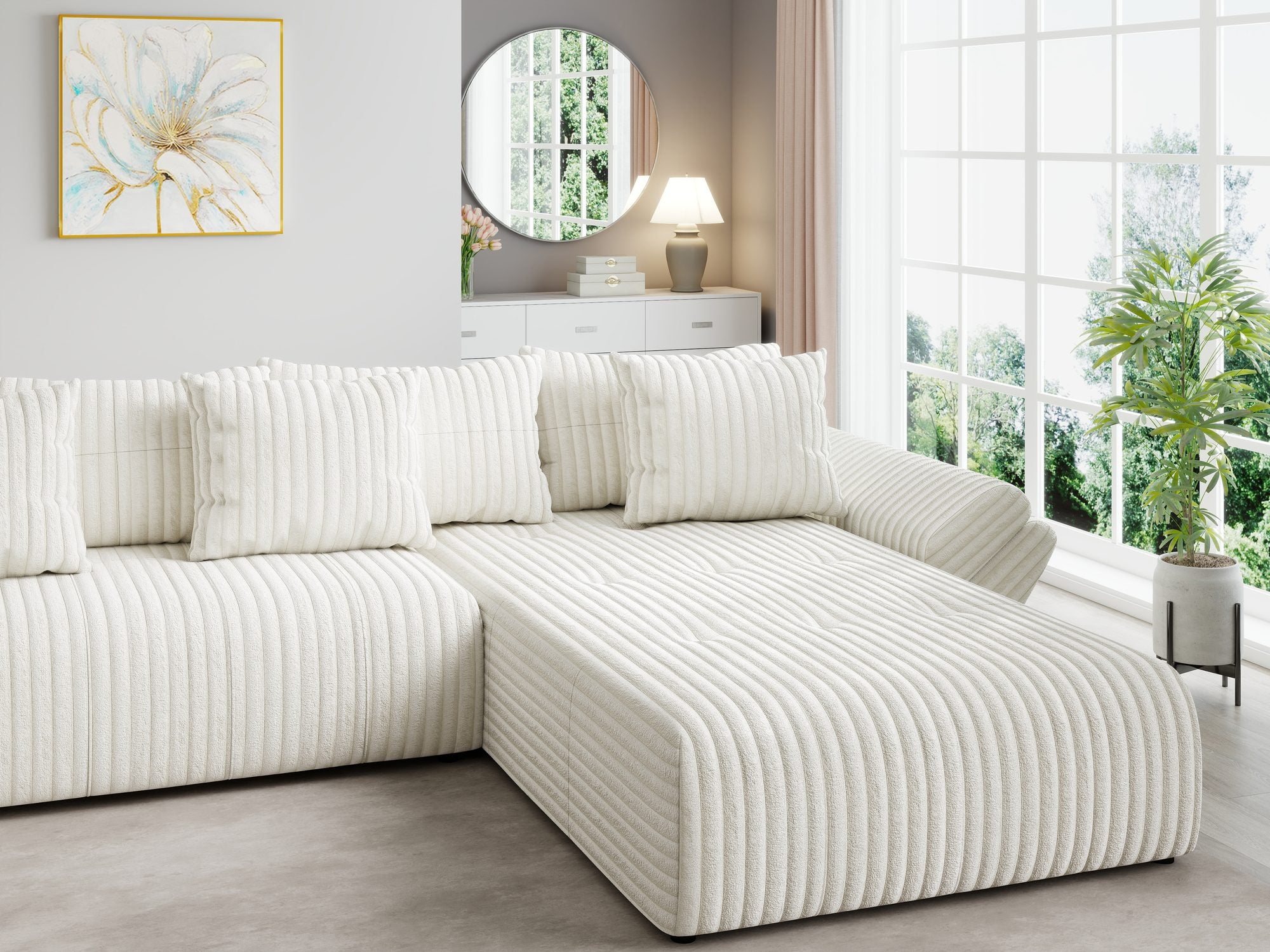 Colțar extensibil dumonde cu ladă de depozitare si sezut confortabil din spuma high-density, Berlin U Tilia Bej 01 380x180 cm
