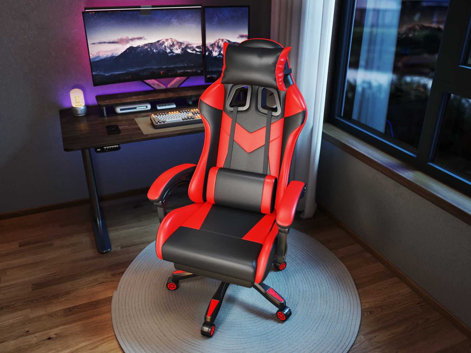 Scaun gaming Dumonde EXODUS, mecanism multifuncțional, ecopiele, suport picioare, rosu/negru