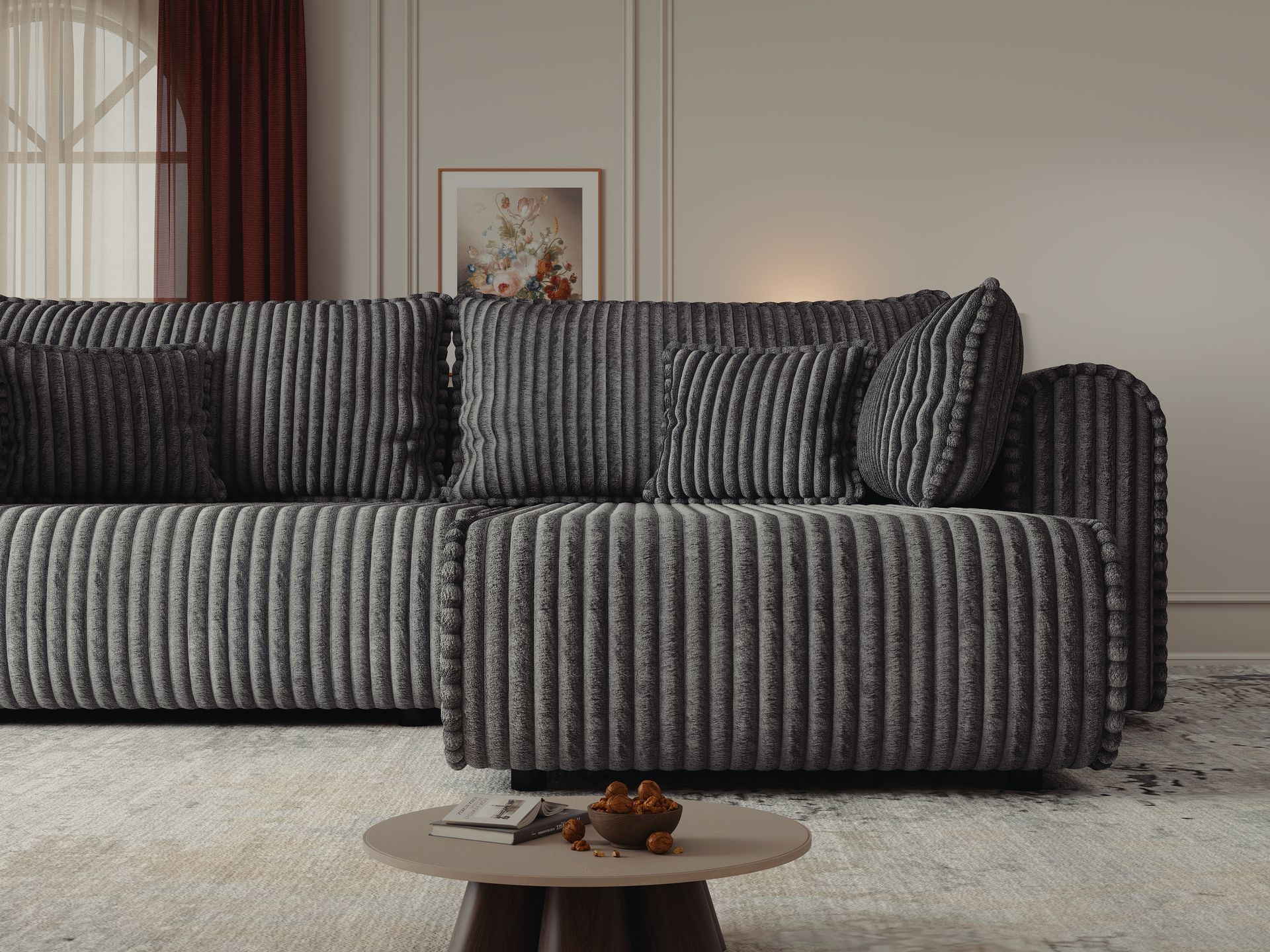 Colțar extensibil dumonde cu ladă de depozitare si sezut confortabil din spuma high-density, Monaco L Tilia Grafit II 270x100 cm