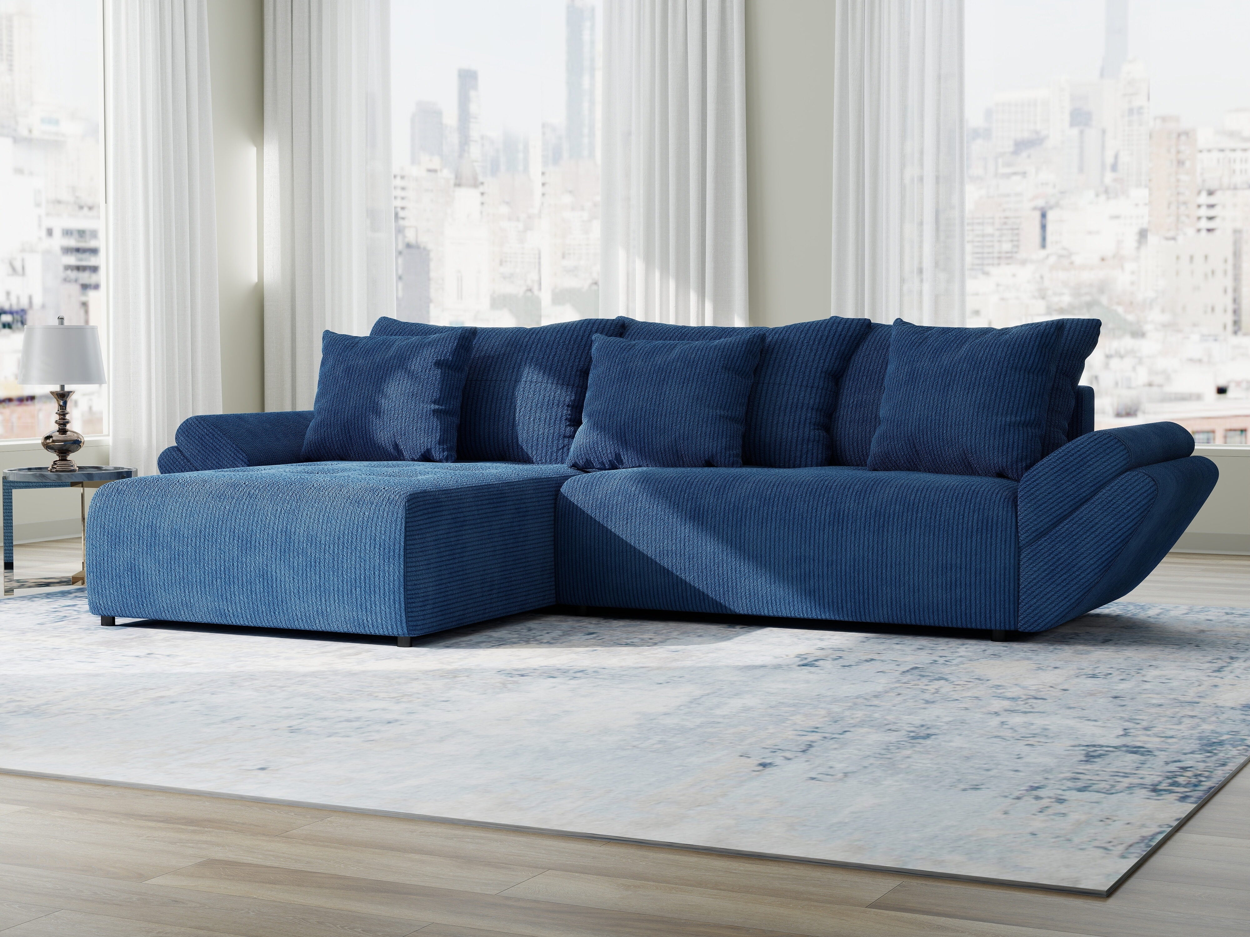 Colțar extensibil dumonde cu ladă de depozitare si sezut confortabil din spuma HR, Berlin Zoom Albastru 280x185 cm