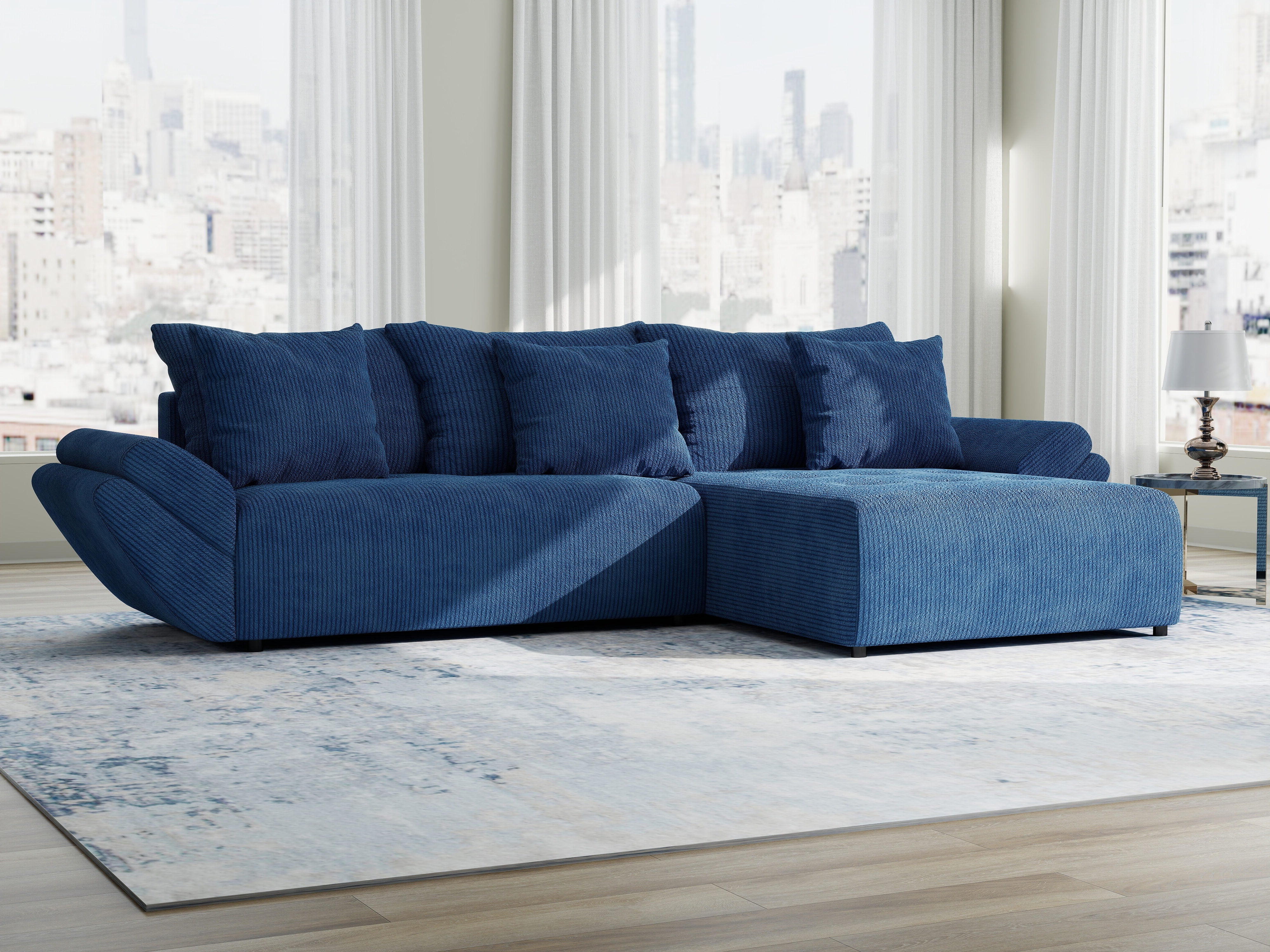 Colțar extensibil dumonde cu ladă de depozitare si sezut confortabil din spuma HR, Berlin Zoom Albastru 280x185 cm II