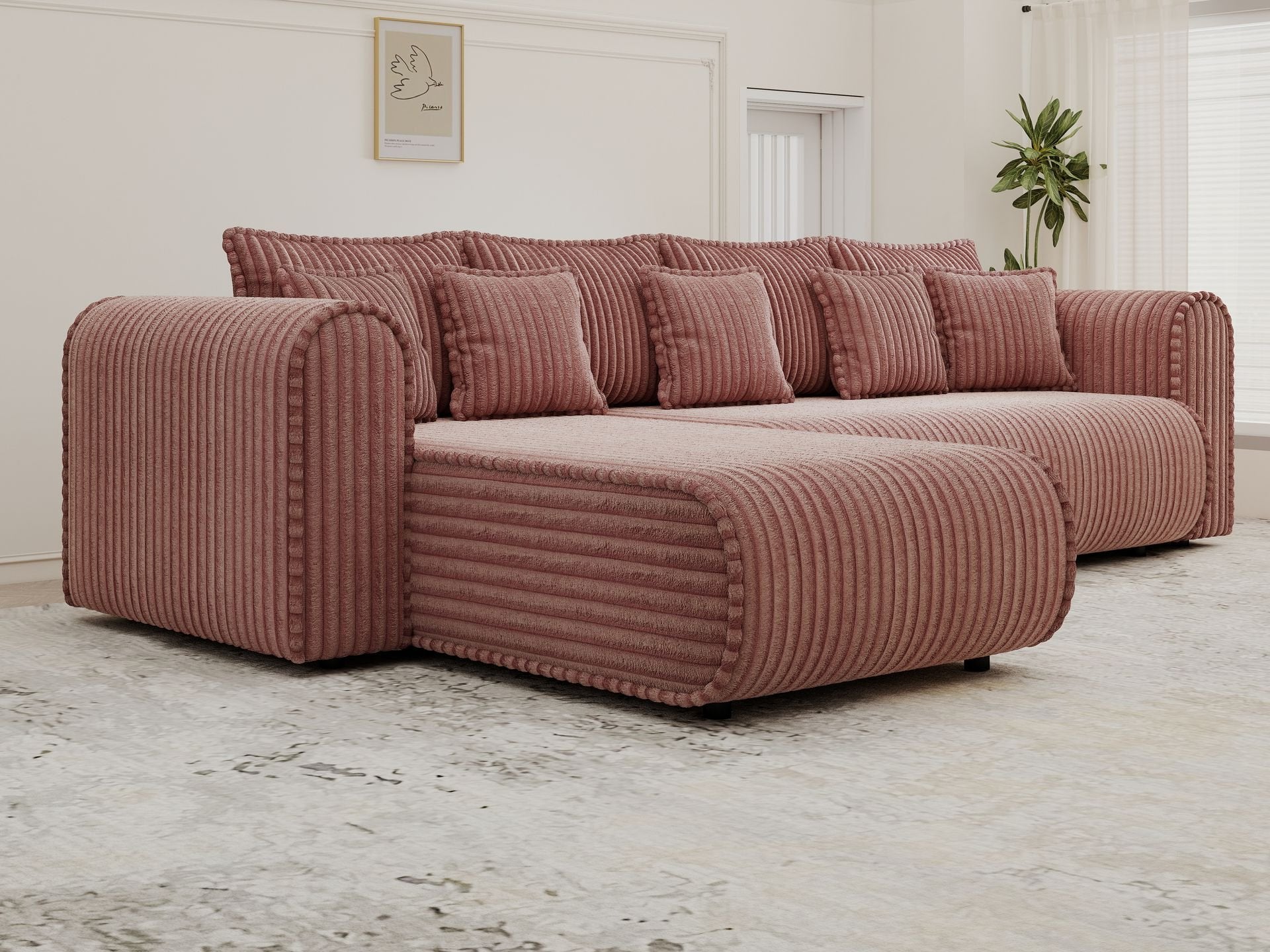 Colțar extensibil dumonde cu ladă de depozitare si sezut confortabil din spuma high-density, Monaco XL Tilia Roz 340x185 cm