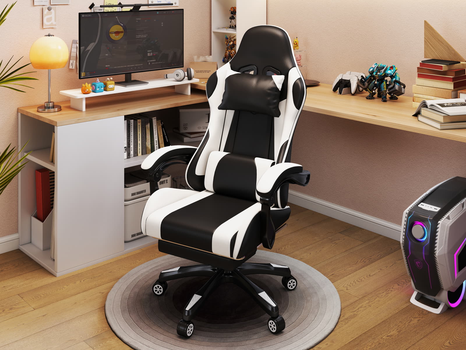 Scaun gaming Dumonde VIPER, mecanism multifuncțional, ecopiele, suport picioare, alb/negru