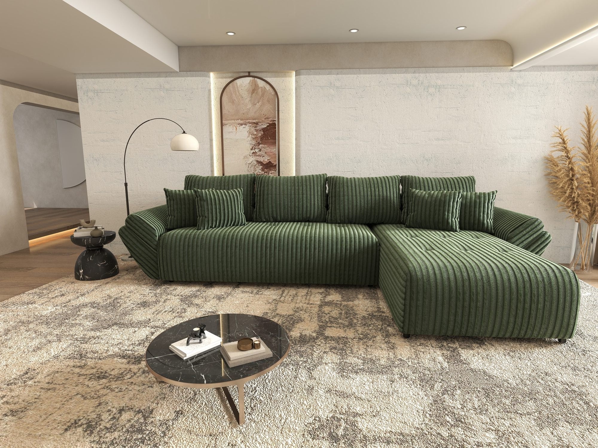 Colțar extensibil dumonde cu ladă de depozitare si sezut confortabil din spuma high-density, Berlin XL Tilia Verde 39 II 350x185 cm