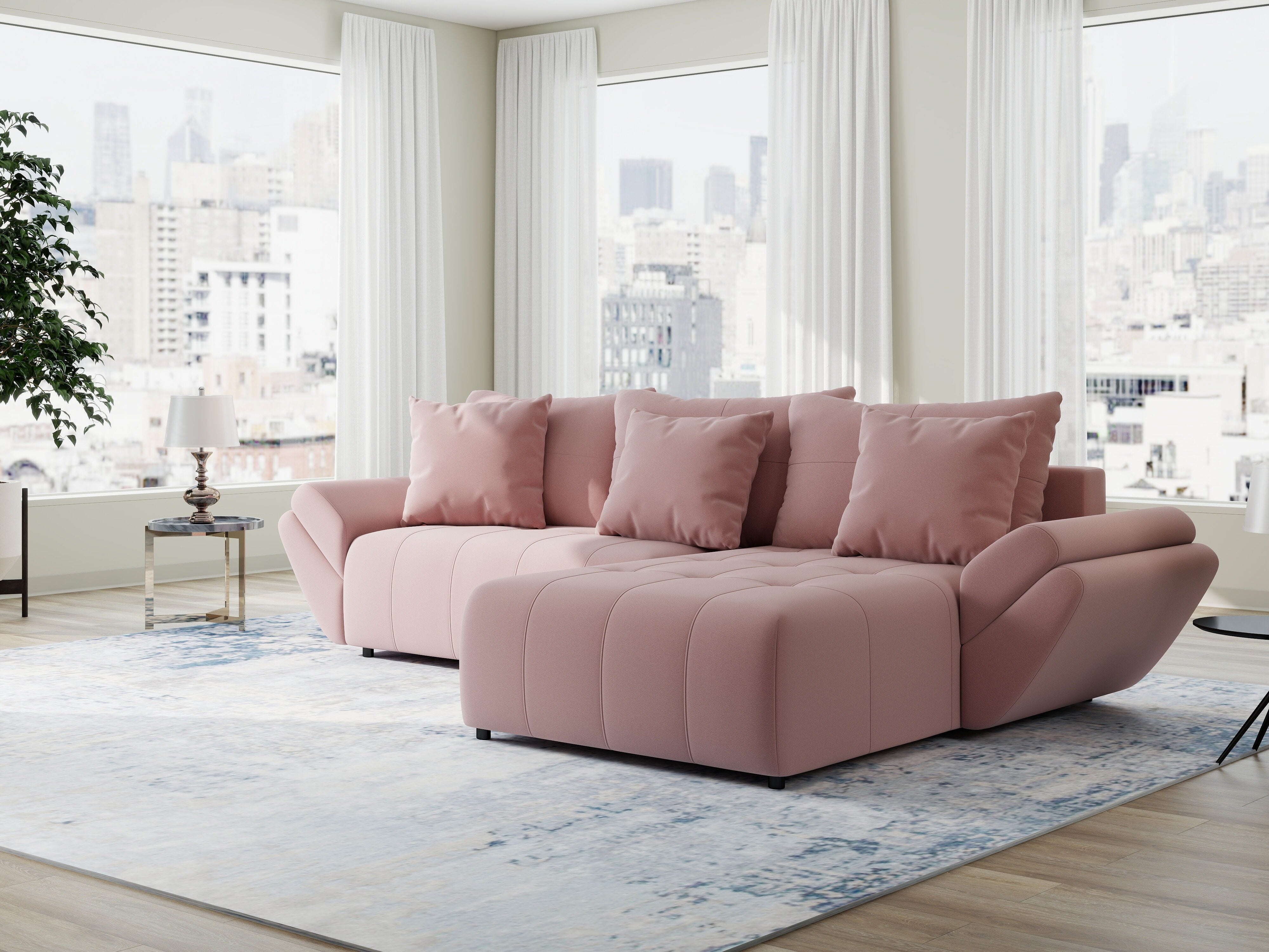 Colțar extensibil dumonde cu ladă de depozitare si sezut confortabil din spuma HR, Berlin Royal Roz 280x185 cm II