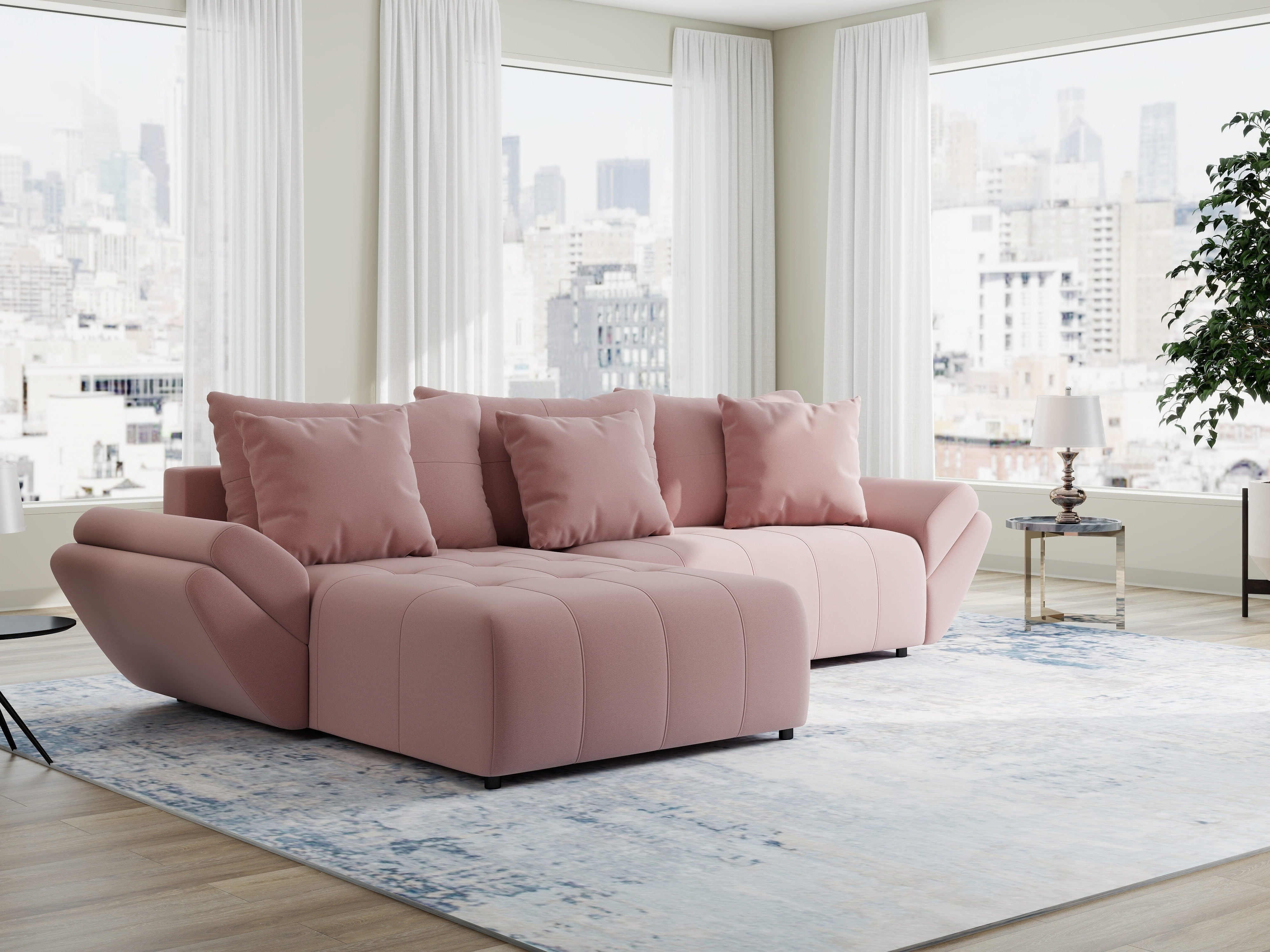 Colțar extensibil dumonde cu ladă de depozitare si sezut confortabil din spuma HR, Berlin Royal Roz 280x185 cm