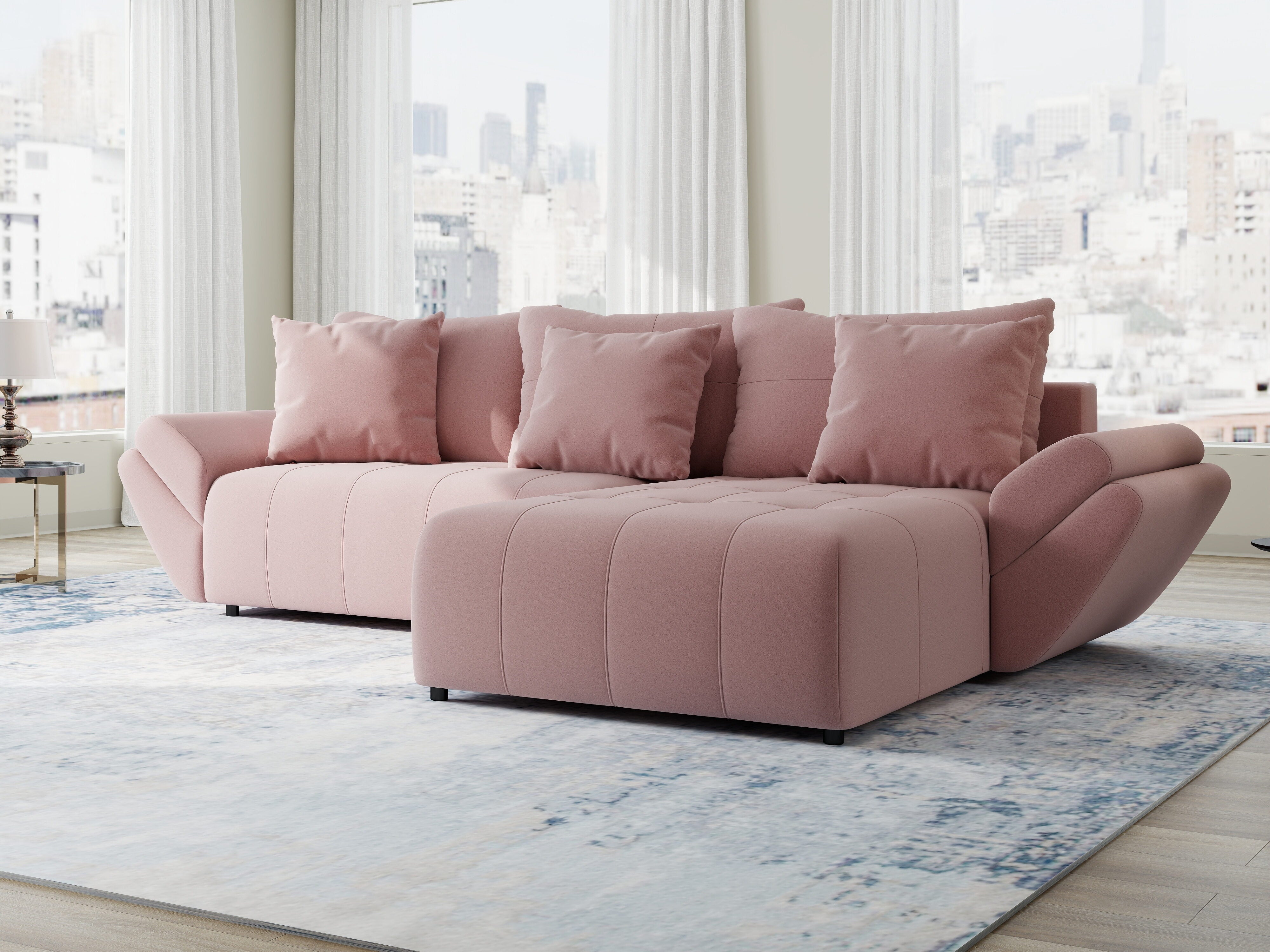 Colțar extensibil dumonde cu ladă de depozitare si sezut confortabil din spuma HR, Berlin Royal Roz 280x185 cm II