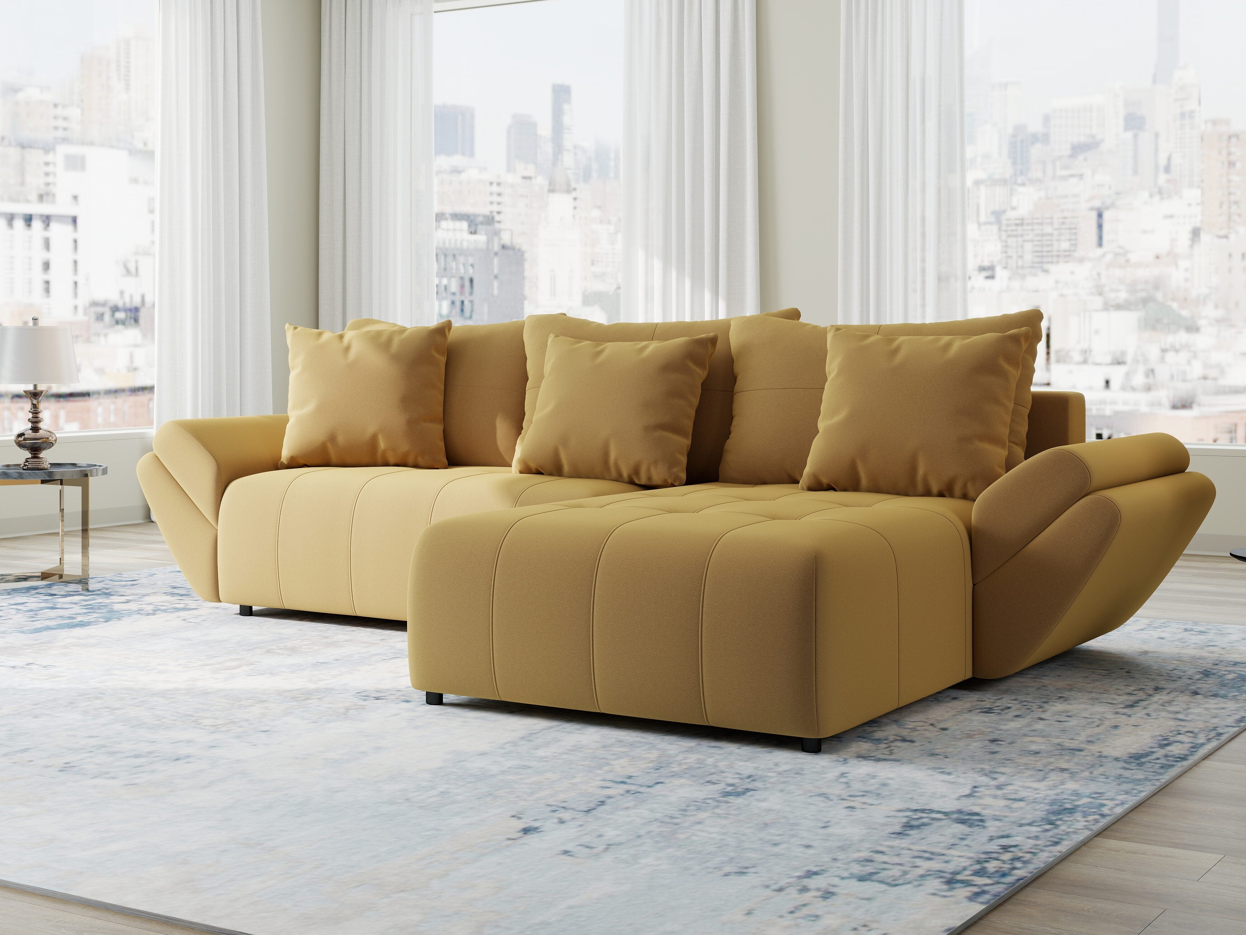 Colțar extensibil dumonde cu ladă de depozitare si sezut confortabil din spuma HR, Berlin Royal Galben Mustar 280x185 cm II