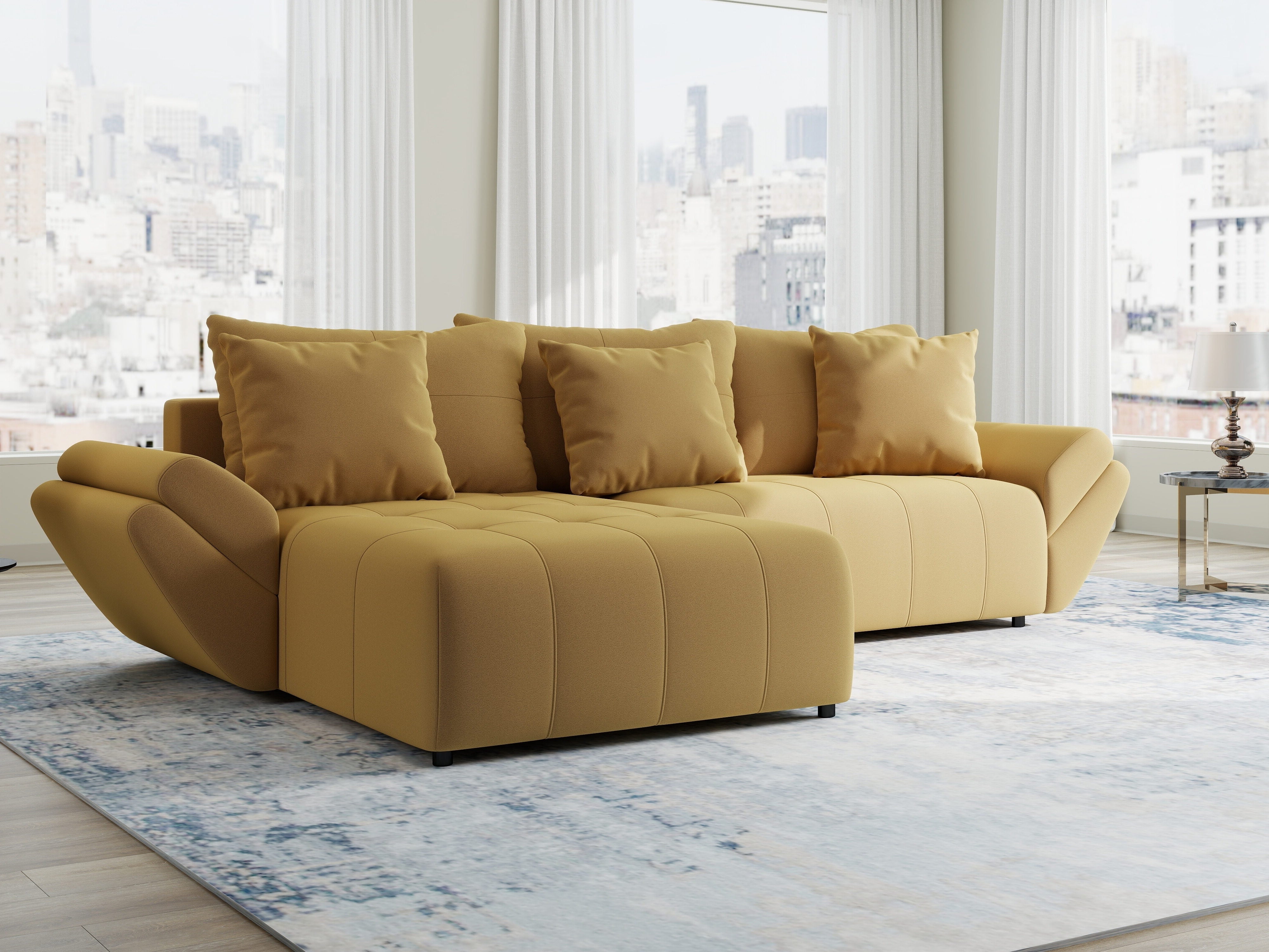 Colțar extensibil dumonde cu ladă de depozitare si sezut confortabil din spuma HR, Berlin Royal Galben Mustar 280x185 cm