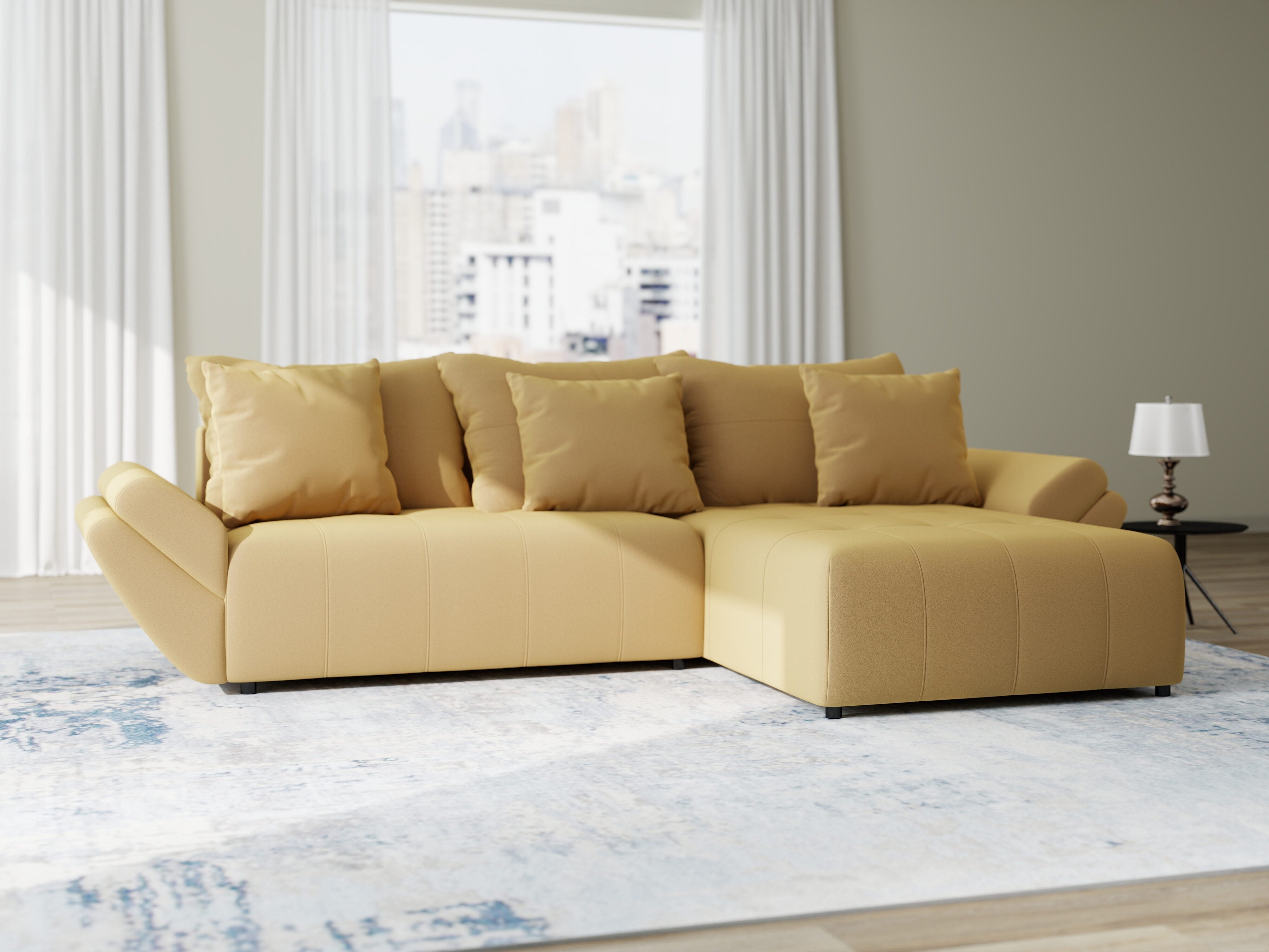 Colțar extensibil dumonde cu ladă de depozitare si sezut confortabil din spuma HR, Berlin Royal Galben Mustar 280x185 cm II