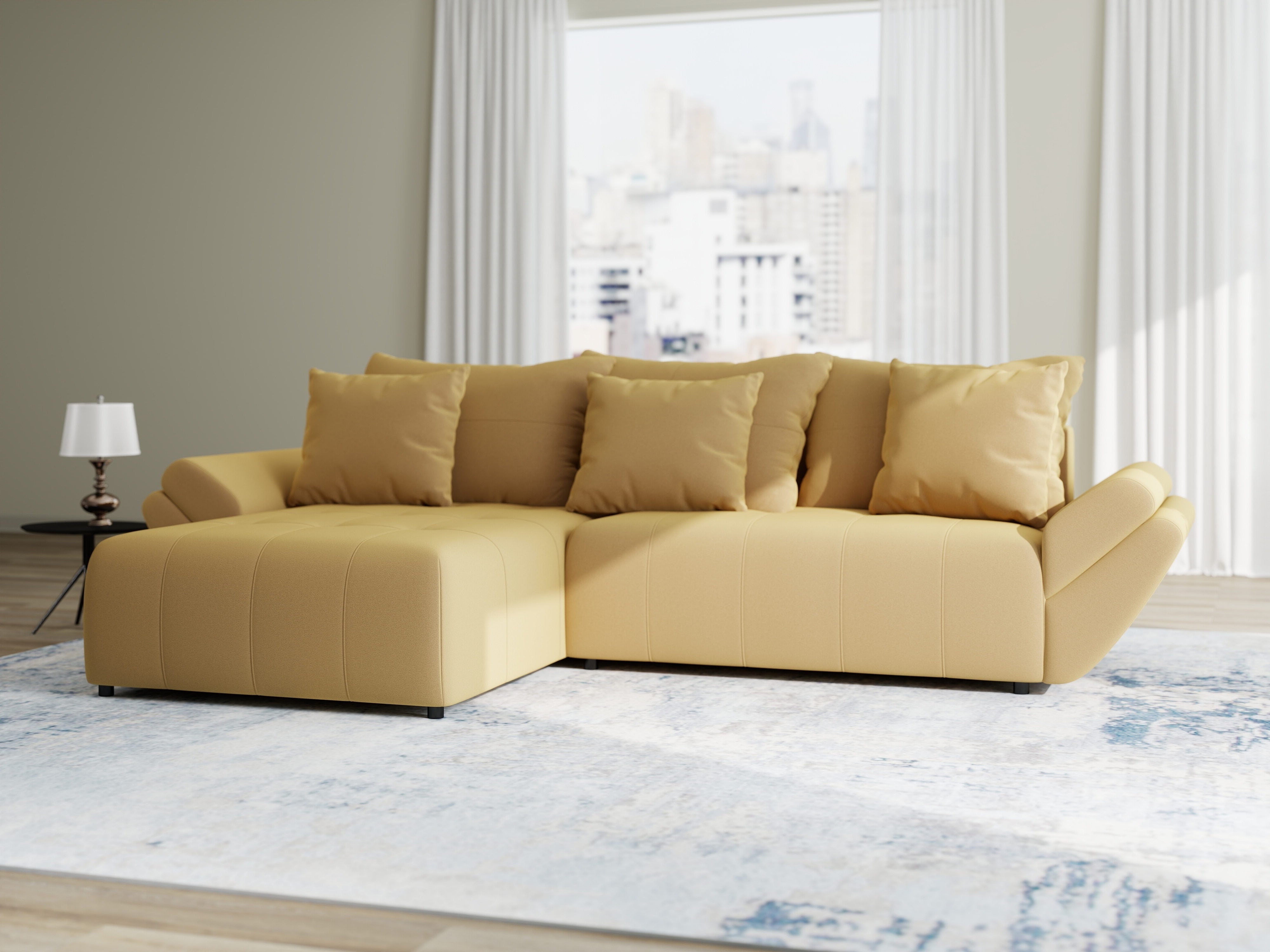 Colțar extensibil dumonde cu ladă de depozitare si sezut confortabil din spuma HR, Berlin Royal Galben Mustar 280x185 cm